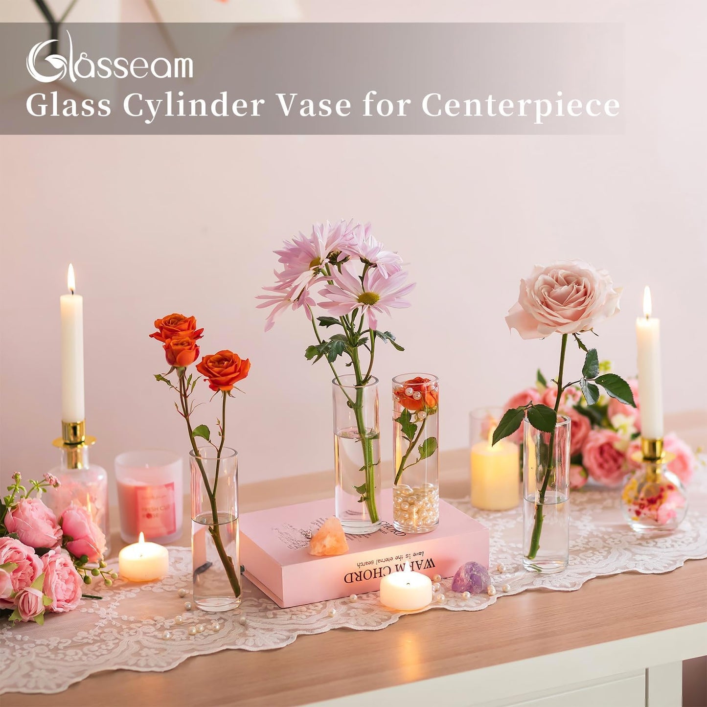 Cylinder Bud Vases in Bulk 24: Glasseam Small Clear Glass Vases for Centerpieces Wedding Table Decor, 5.9In Modern Clear Home Decor for Flowers Single Stem Roses Tulips