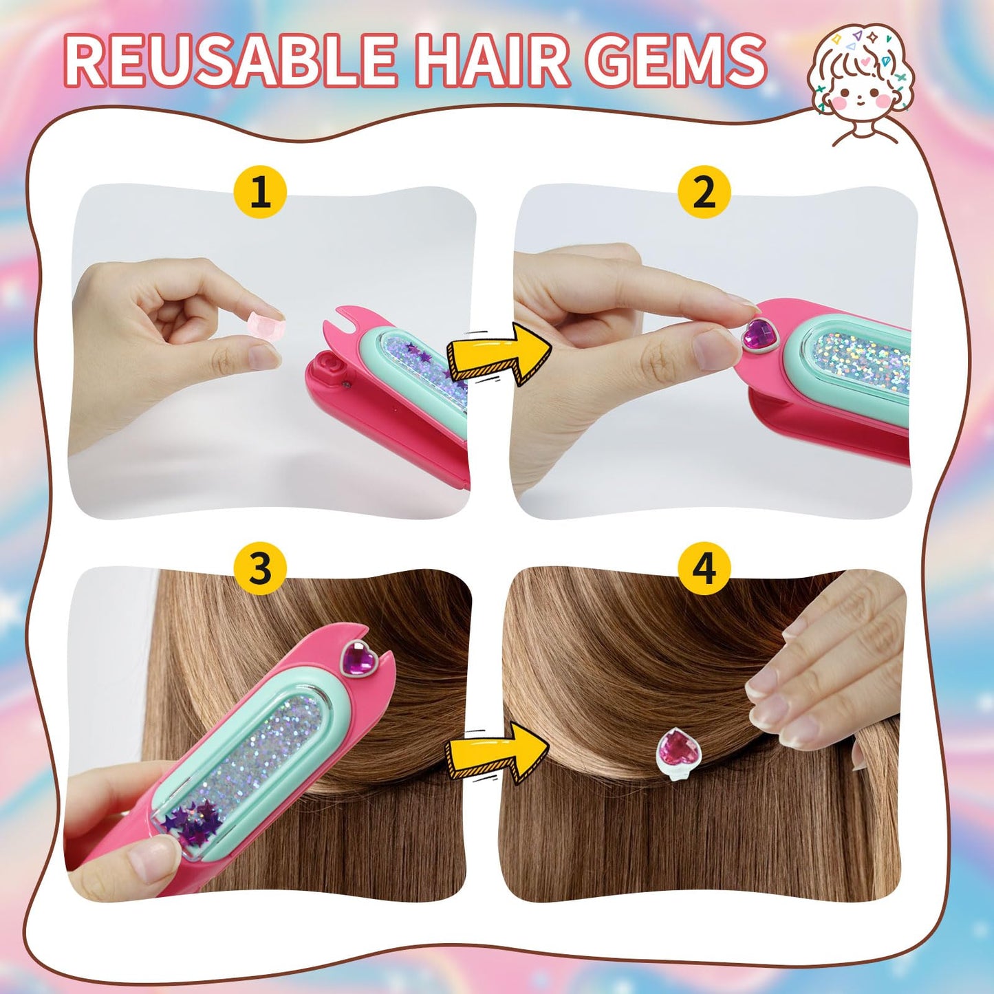 Hair Gem Stamper Kit, Hair Bedazzler Styling Tool with Reusable Rhinestones, Girls Hair Accessories, Birthday Gift Toy for Girls (Pink) (red)