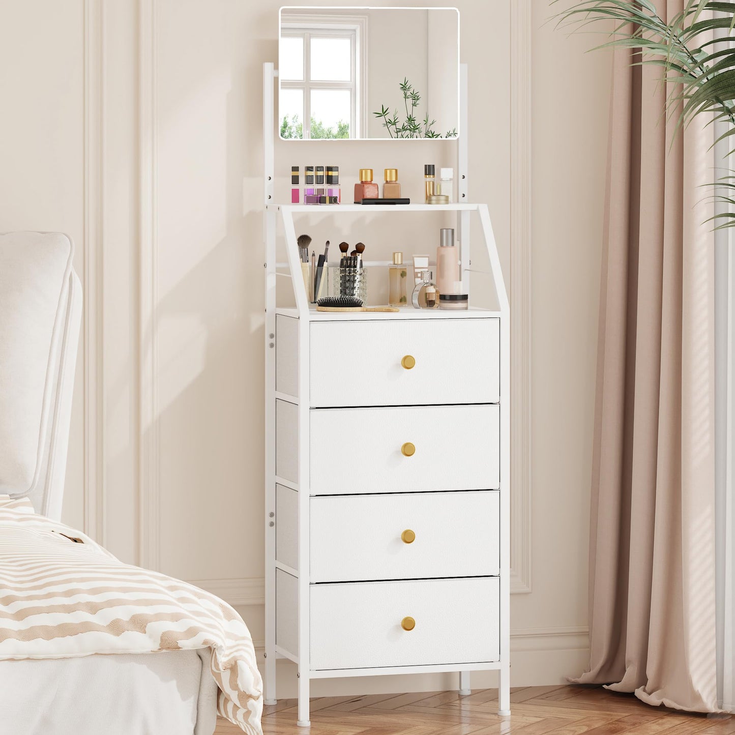 HIGDBFE 4-Drawer Dresser with Mirror, Vanity with 2-Tier Shelves, Fabric Chest of Drawers for Small Space, Vertical Storage Cabinet for Bedroom, Nightstand Bedside Table Furniture, White, 15.3" W
