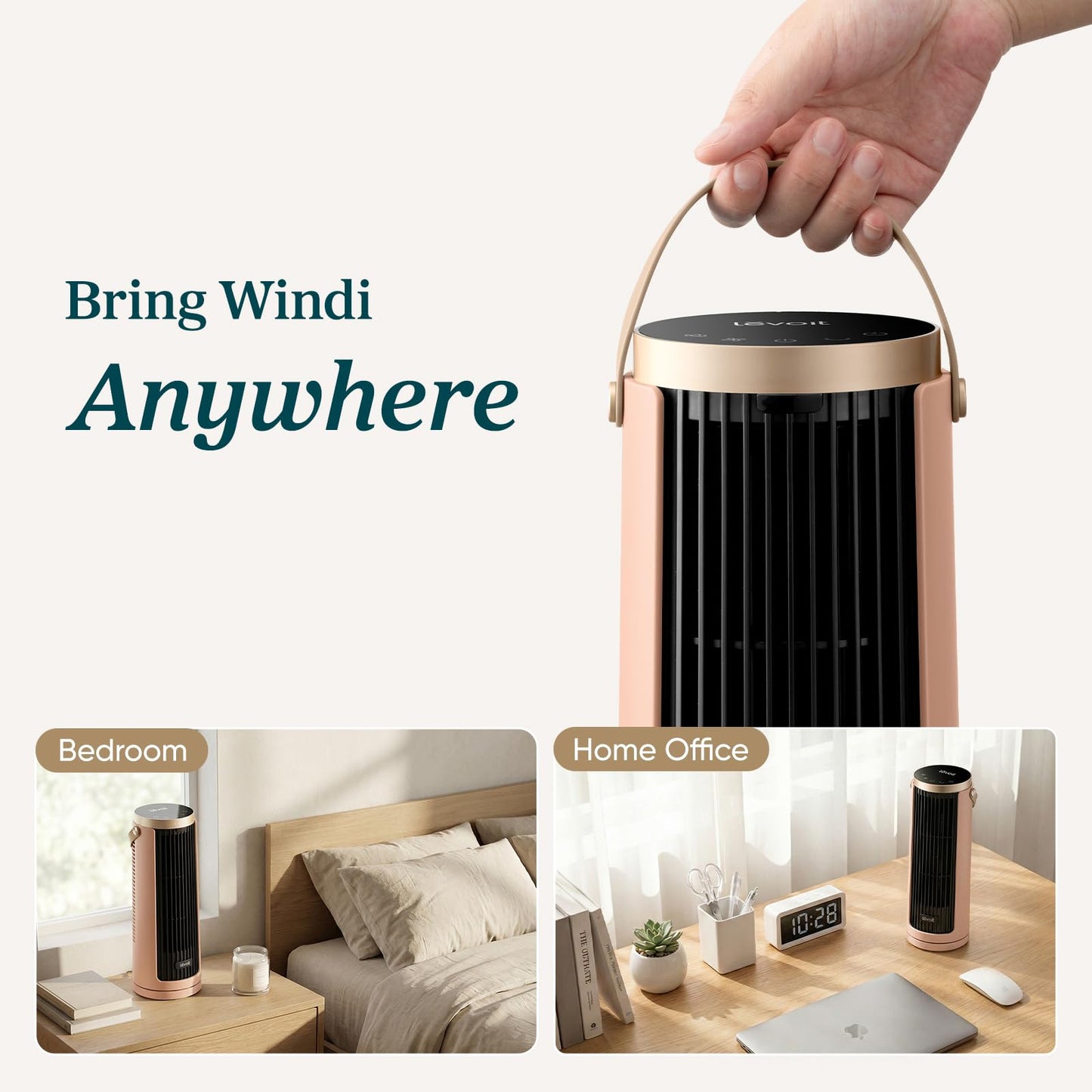 LEVOIT Tower Fan for Bedroom, 20dB Quiet Desk Fan with 23ft/s, Portable & Easy to Carry, 3-Angle & 5-Speed Mini Oscillating Fan, DC Motor, Bladeless, Remoter, 12H Timer, for Home, Room, Office, Clay