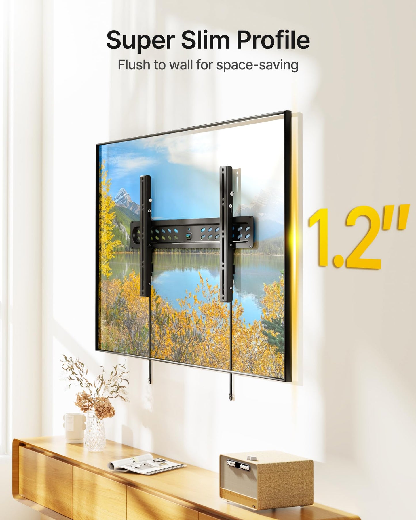 monTEK Ultra Slim Tilting TV Wall Mount Bracket for 43–95" Flat & Curved TVs, 1.2" Low Profile, Anti-Glare Tilt, Holds 150 lbs, Supports VESA 800x400, Fits 16"/18"/24"/32" Studs