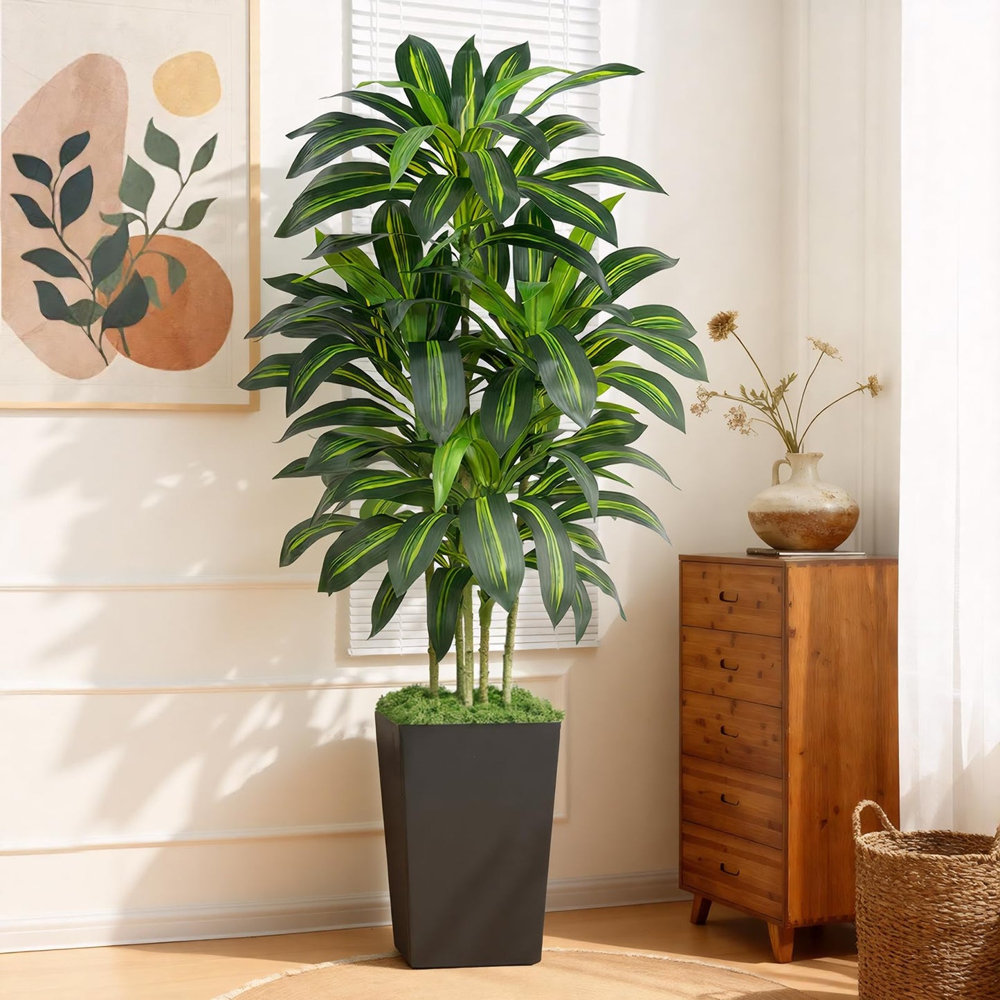 Keeplush 5FT Artificial Dracaena Tree - High-Density Foliage Fake Plant with Black Tall Planter - Faux Yucca Floor Plant for Home Office Decor Indoor