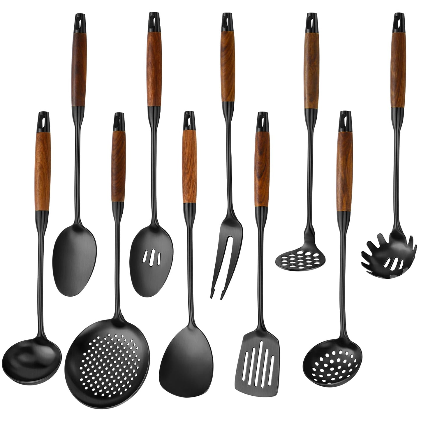18/10 Stainless Steel Kitchen Utensils Set with Wood Handle Metal Cooking Utensils Set 10 Piece - Spatula, Spoon, Ladle, Skimmer, Slotted Turners, Pasta,Turner, Ladl, Fork
