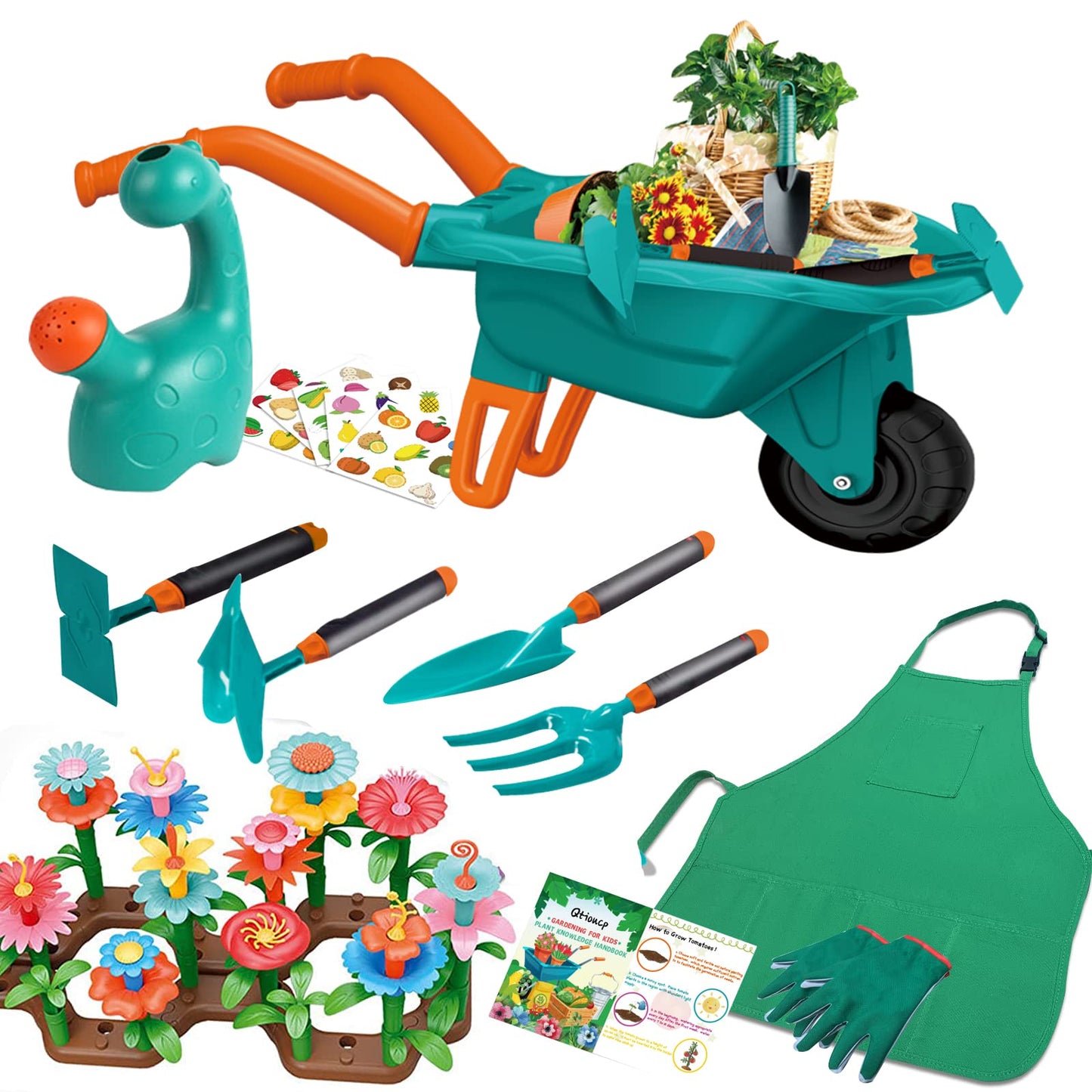 Qtioucp Kids Gardening Tools Outdoor Toys Set Backyard Play with Wheelbarrow Educational STEM Learning Pretend Toys Outdoor Indoor for Toddlers Kids Boys Girls (Green1)