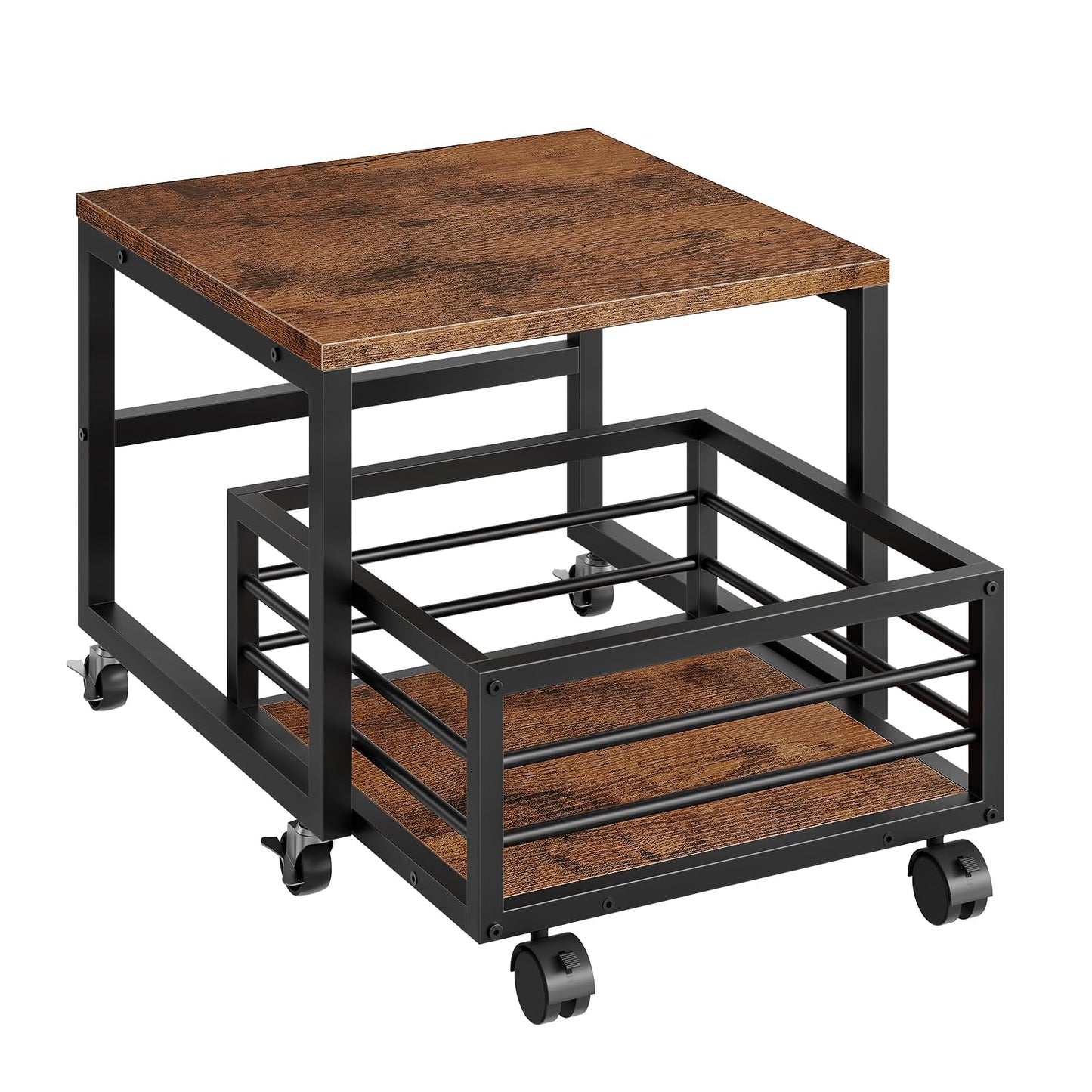 HOOBRO End Table, Mini Fridge Stand with Storage, Mini Fridge Table with Wheels and Adjustable Feet, Sturdy Metal Frame, for Living Room, Bedroom, Office, Rustic Brown and Black BF155TL01