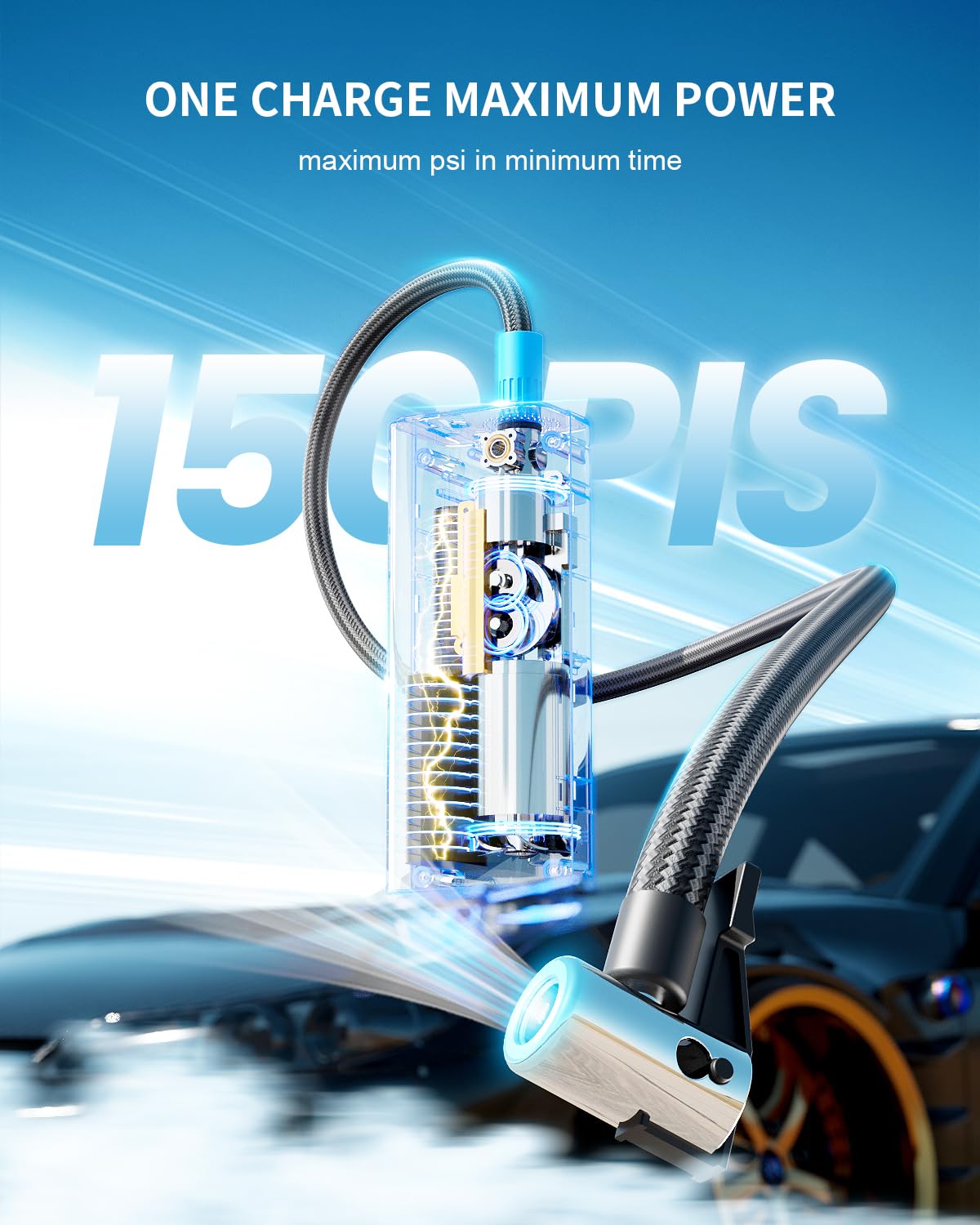 Tire Inflator Portable Air Compressor - 4X Faster & 150PSI Tire Pump For Car Moto Bike Ball - Auto Shut-Off - Fast Charge Power Bank - LED Night Light - Elderly Friendly