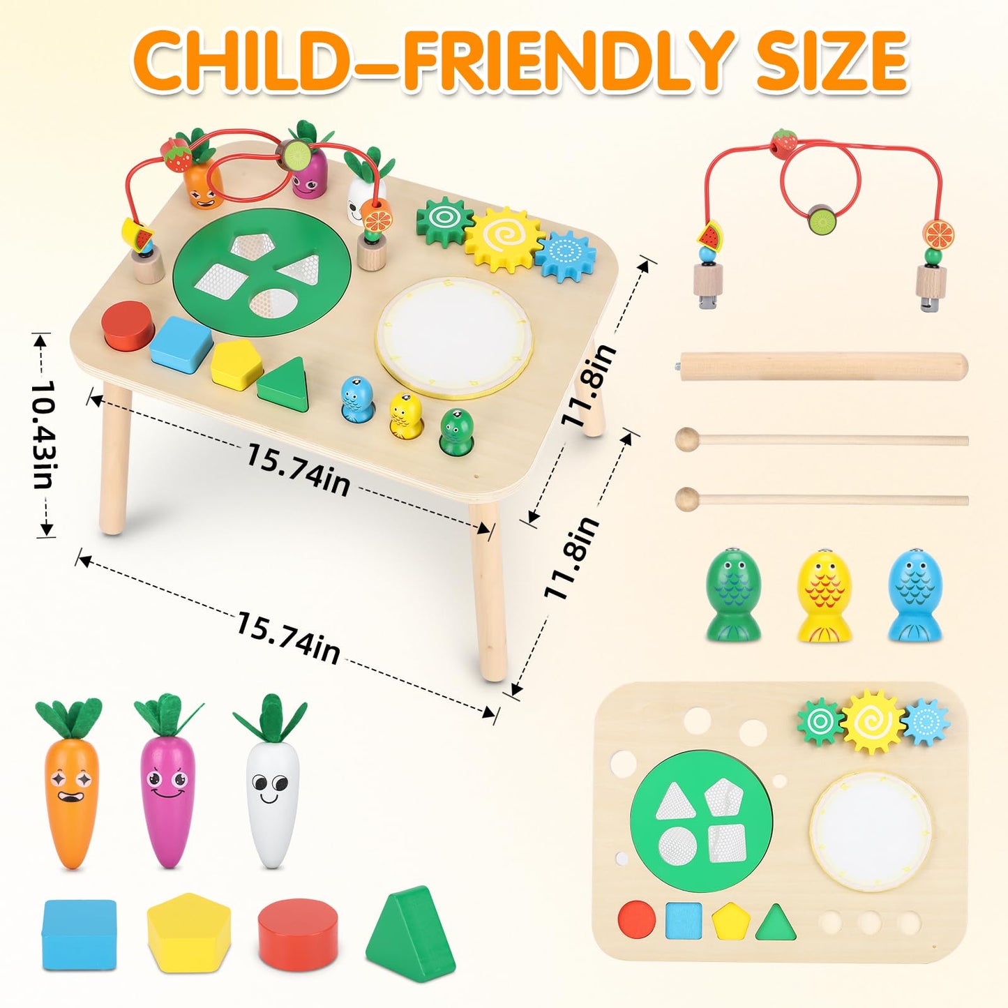 Activity Table for 1+ Year Old, 7 in 1 Wooden Montessori Activity Center Play Table with Drum, Bead Maze Shape Sorter Fishing Game, Kids Sensory Educational Toddler Learning Toys 1st Birthday Gifts