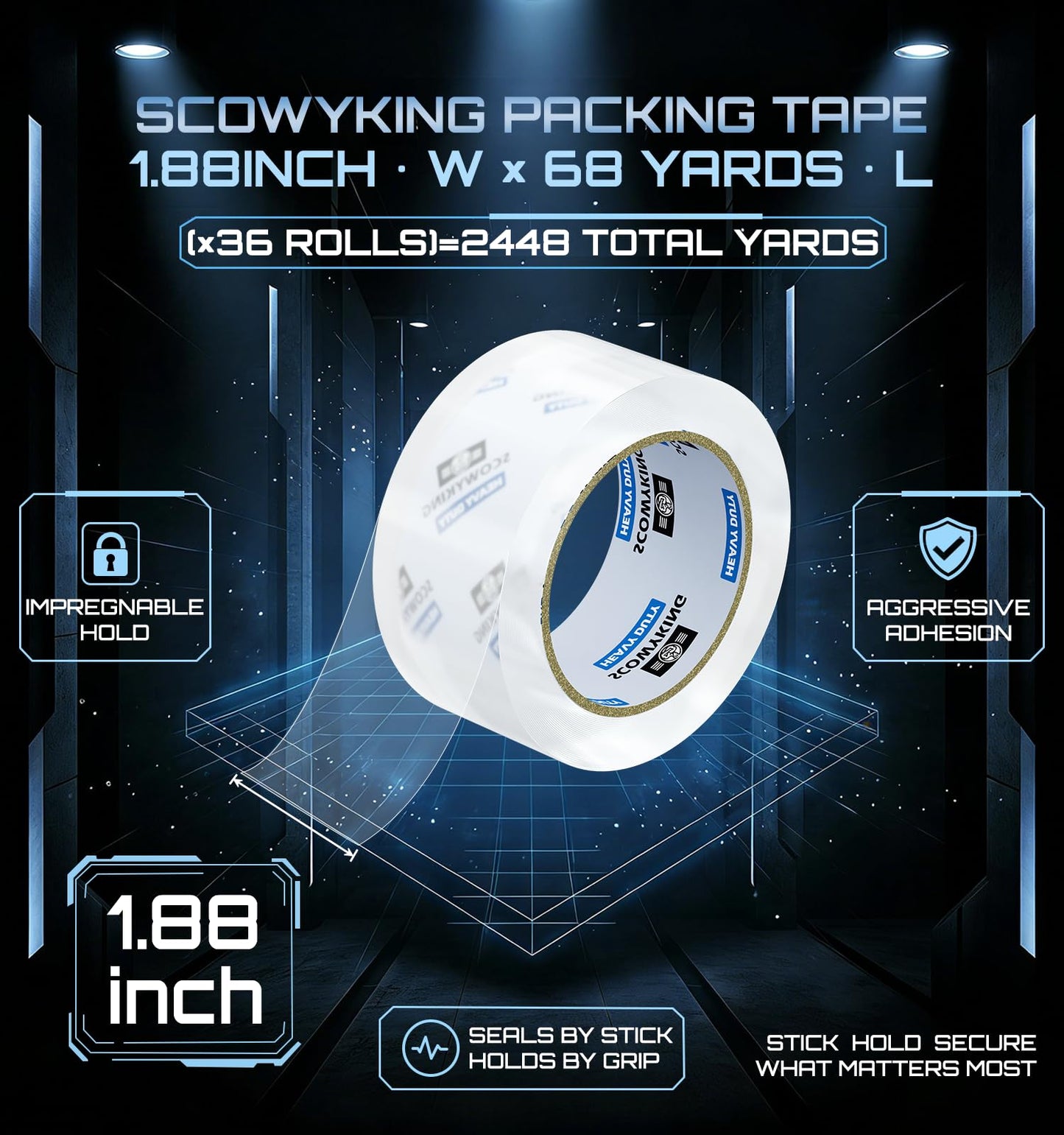Scowyking Heavy Duty Packing Tape Refills 36 Pack, 2.7 Mil Clear Packaging Tape, 1.88" × 68 Yards, Compatible with Standard Tape Dispenser, No Residue Quiet Unwind for Moving Shipping Sealing Boxes