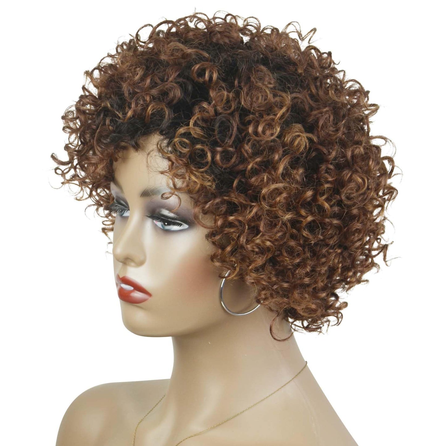 Short Human Hair Wig for Women of Color - Black to Ombre Brown Curls with Bangs - Non-Slip & Easy to Wear