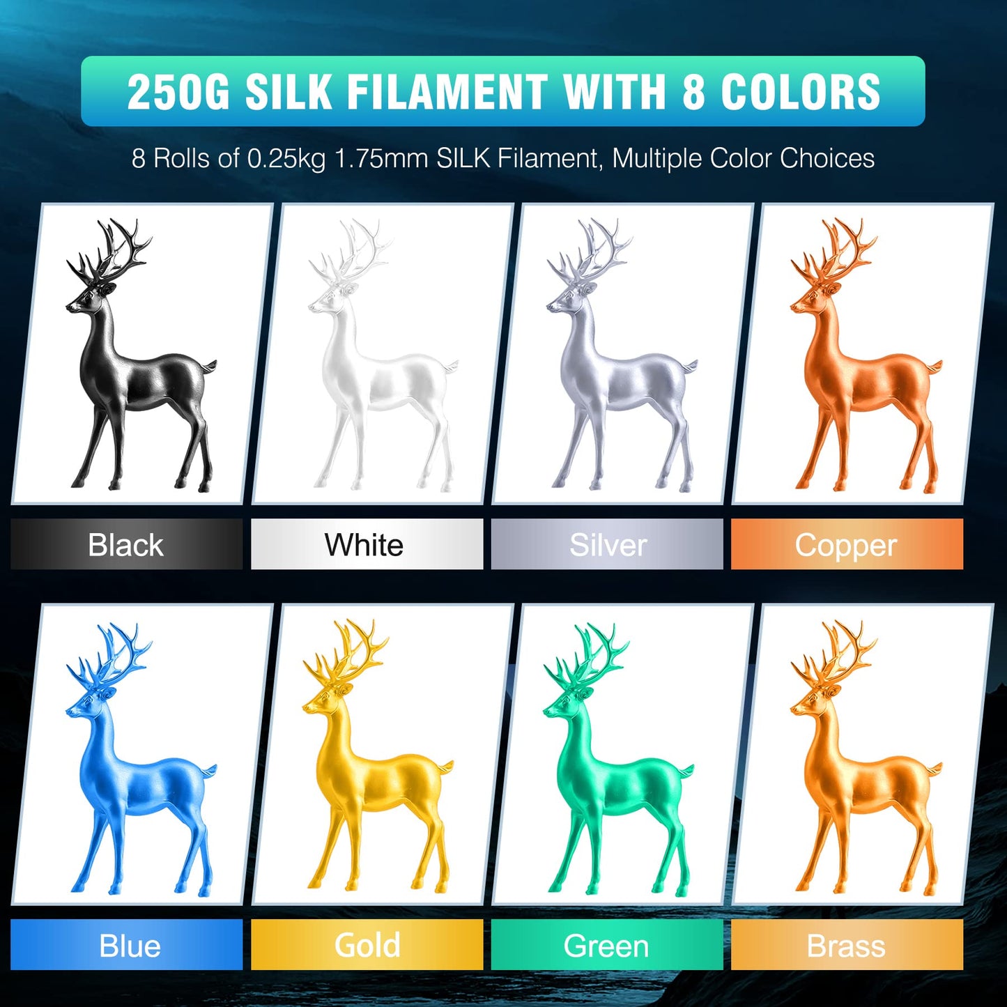 SUNLU 3D Printer Filament, 250G PLA Silk Filament Bundle, 1.75mm Smooth Silk Filament Muticolor, Neatly Wound Filament, 250G Spool, 8 Rolls, Black+White+Light Gold+Silver+Brass+Red Copper+Blue+Green