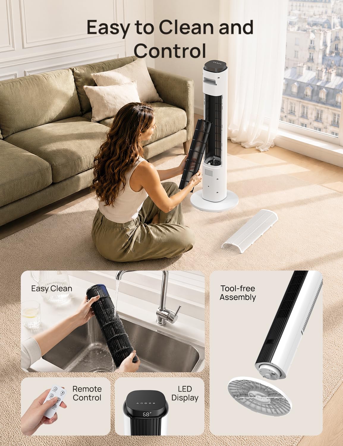 ZAFRO Tower Fan for Bedroom, 37'' Cooling Fans with 4 Modes 6 Speeds, 26 ft/s Velocity, 28dB Quiet for Sleep, LED Touchpad & 12H Timer, 90° Oscillating Floor Fans that Blow Cold Air, Black+White