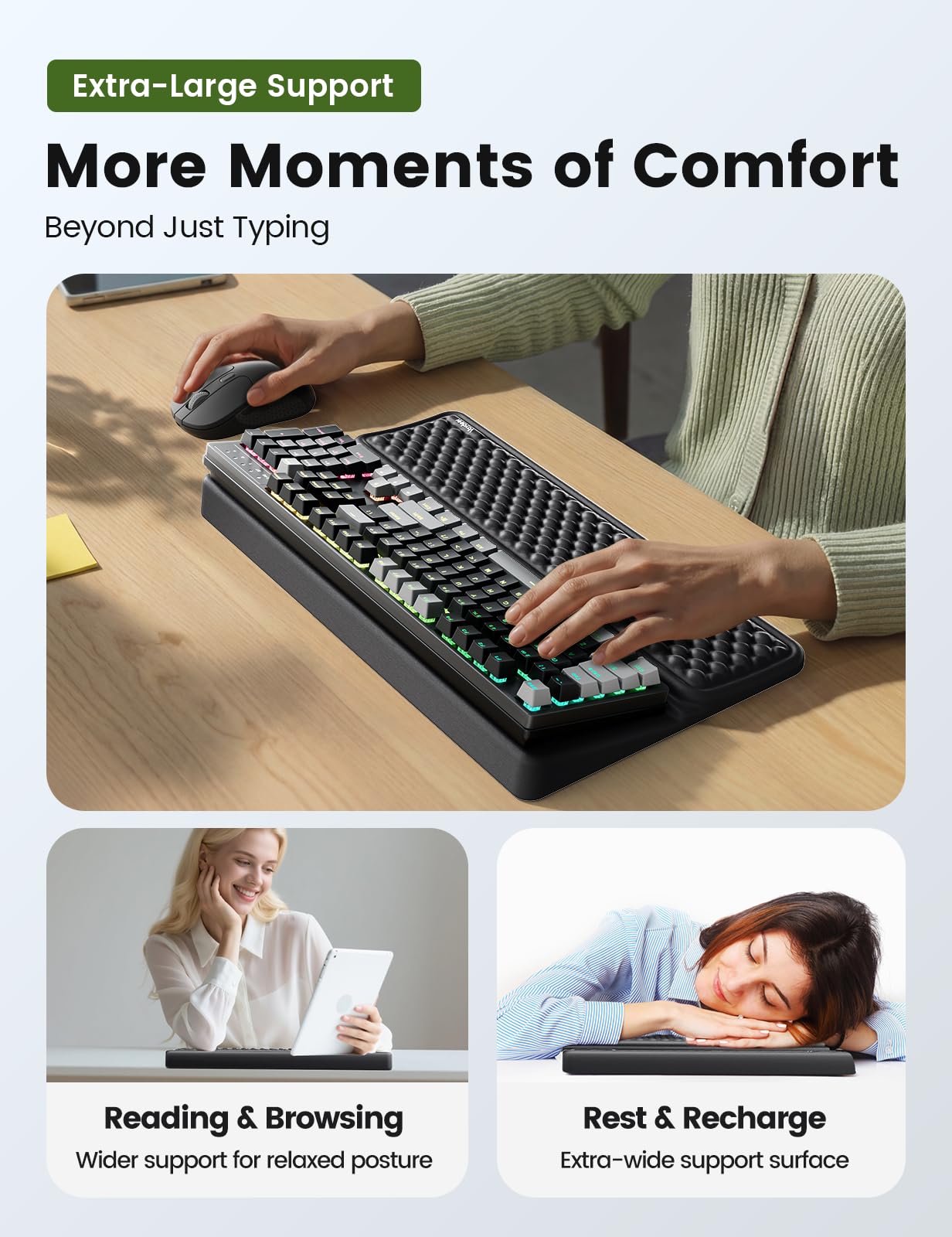 Vaydeer Extra-Large Wrist Rest with Keyboard Stand, Ergonomic Wrist Support Pad, Soft Memory Foam Wrist Cushion for Mechanical 100% Full-Size Keyboard, Carpal Tunnel Pain Relief, Black