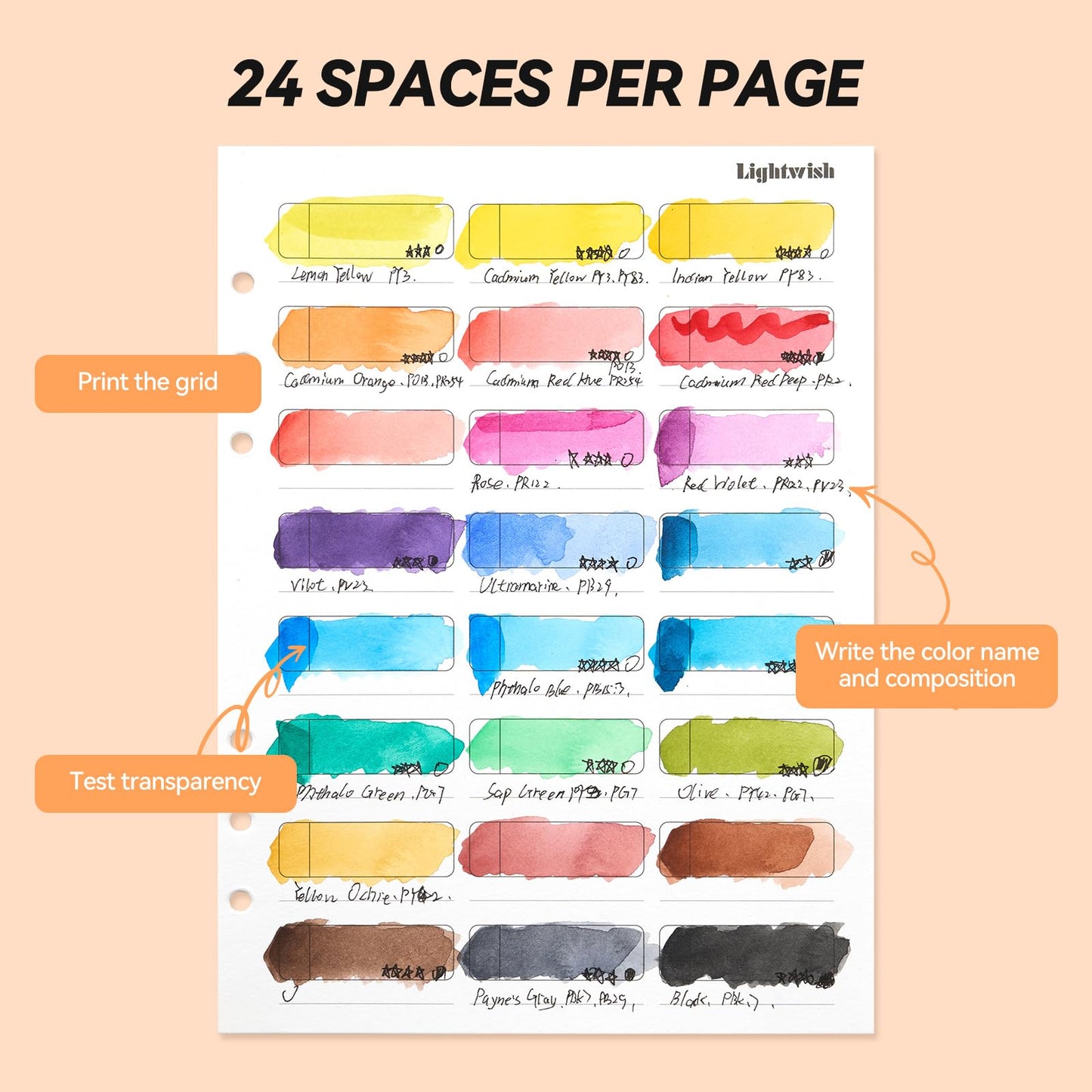 LIGHTWISH Watercolor Swatch Paper Bulk - 100% Cotton Hot Press 300gsm/140lb, 2 Pack, Total 40 Sheets 24 Spaces A5 Hole-Punched Replaceable Paper for Watercolor, Gouache, Oil Pastels,5.8 * 8.2 Inches