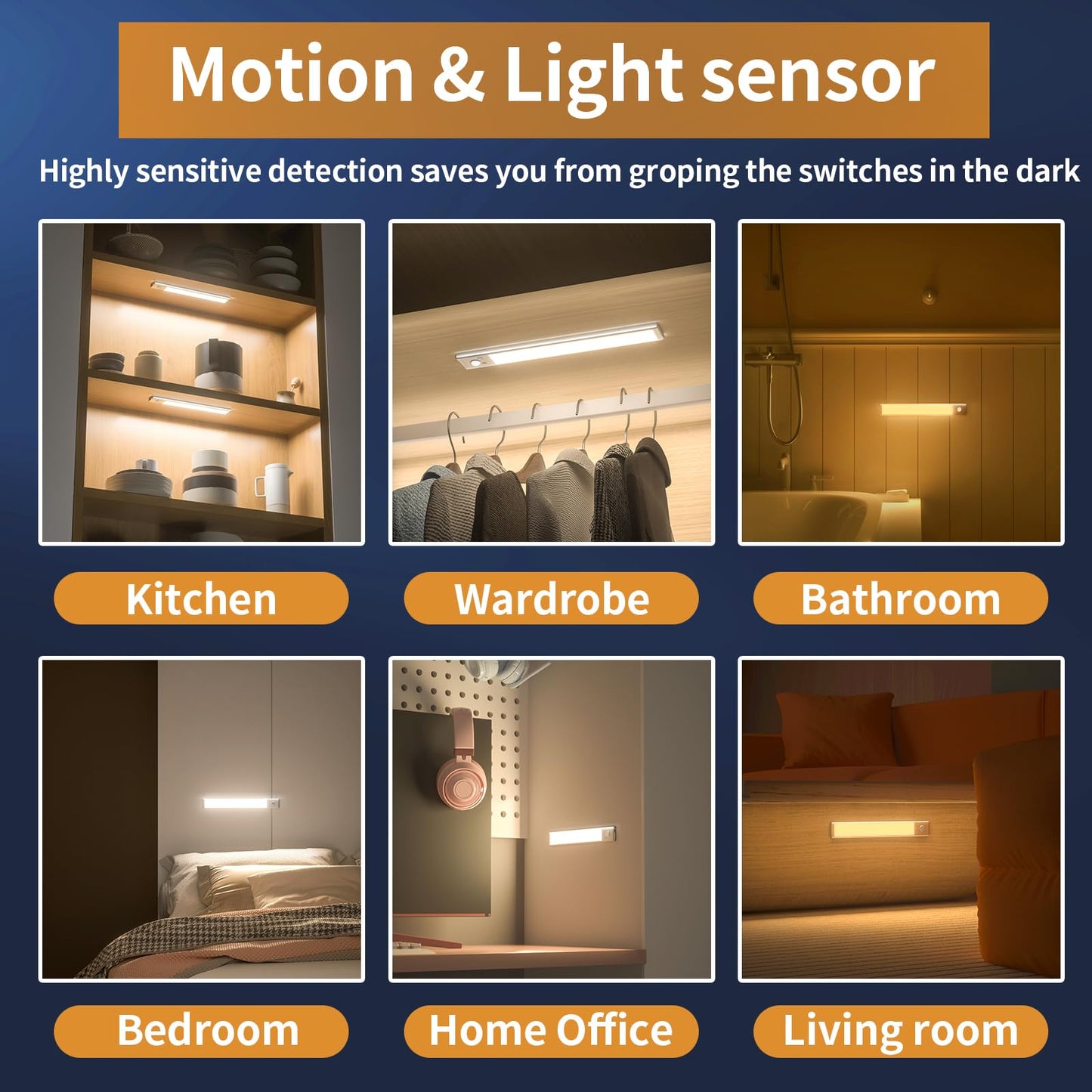SOUL LINK Under Cabinet Lights, 88 LED Operated Motion Sensor Light Indoor, 2200mAh USB Rechargeable Closet Lights, 6 Pack Magnetic Dimmable Wireless Under Counter Lights for Kitchen, Stairs