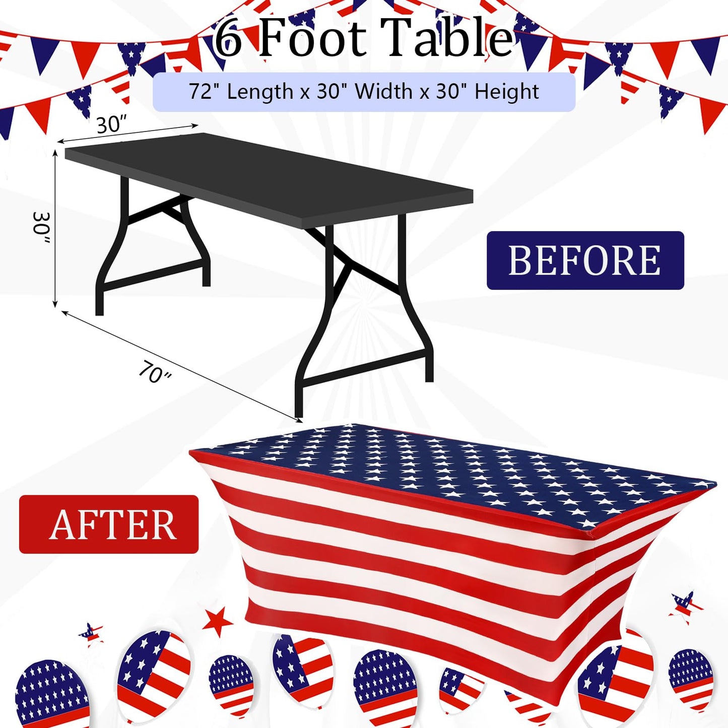 Oudain 2 Pcs 4th of July Table Cover Stretch Tablecloth 6 Feet Red White and Blue Star Memorial Day Spandex Table Clothes Patriotic Party for 250th Anniversary Independence Day Party Celebration