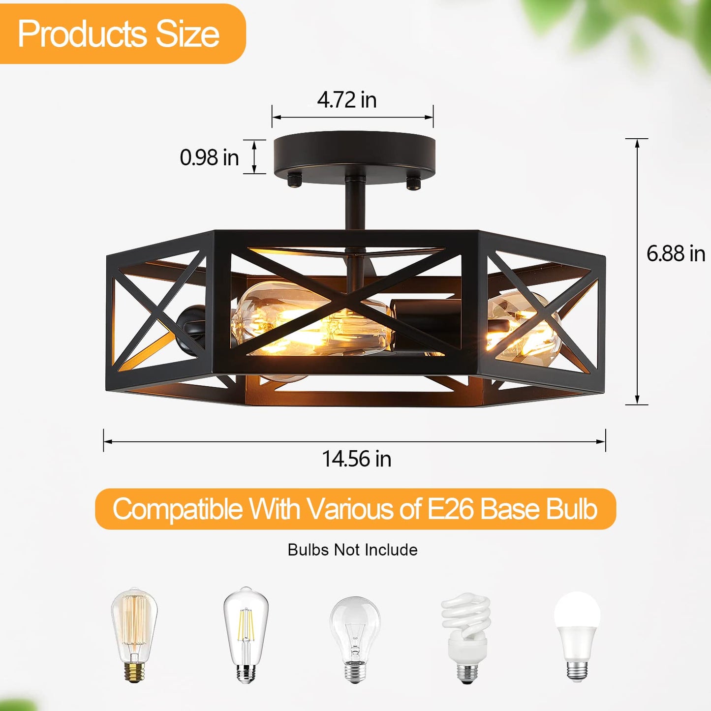 XSDeTu Semi Flush Mount Ceiling Light Fixture, Modern Farmhouse 3-Light Black Ceiling Light, Industrial Close to Ceiling Light with Metal Hexagon Cage Ceiling Lamp for Kitchen, Hallway, Bathroom