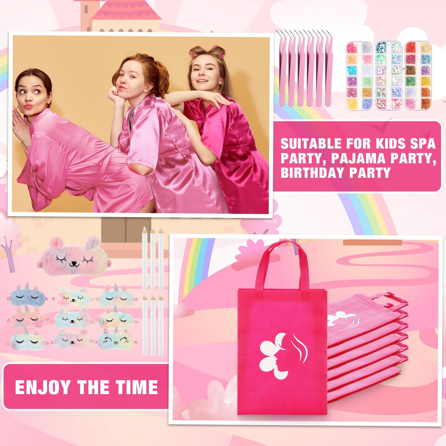 Toulite 10 Set Spa Party Supplies for Girls Kids 10 Satin Robes Spa Kit Sleepover Birthday Slumber Party Favors Nail Salon(Rose Red, Pink)