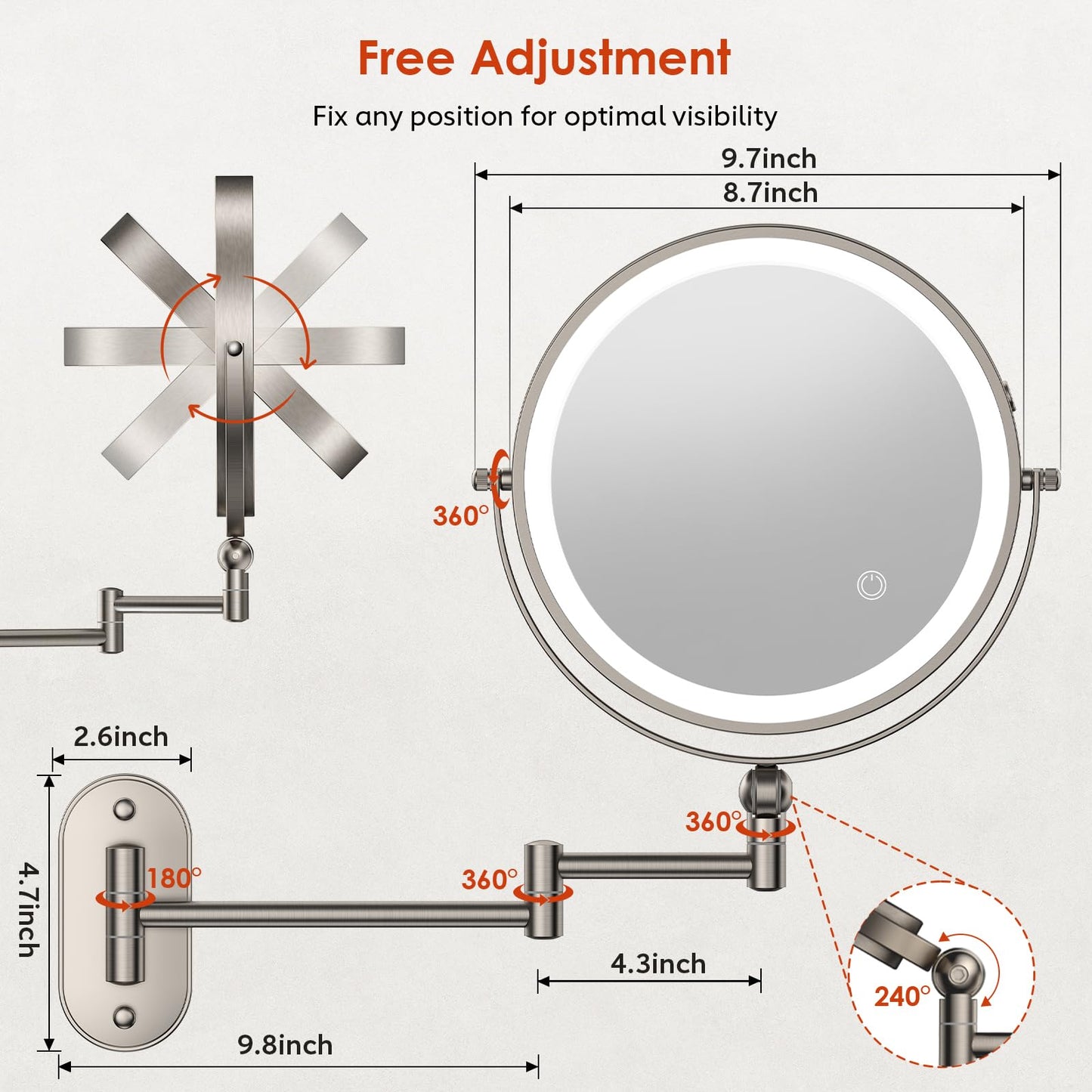 ZLOKLA 9" Wall Mounted Lighted Makeup Mirror,4000mAh Rechargeable Double Sided 1X/20X Magnifying Mirror with Light,Touch Dimmable,Extended Arm 360 Rotation Wall Mounted Makeup Mirror 3 Color Lights-N
