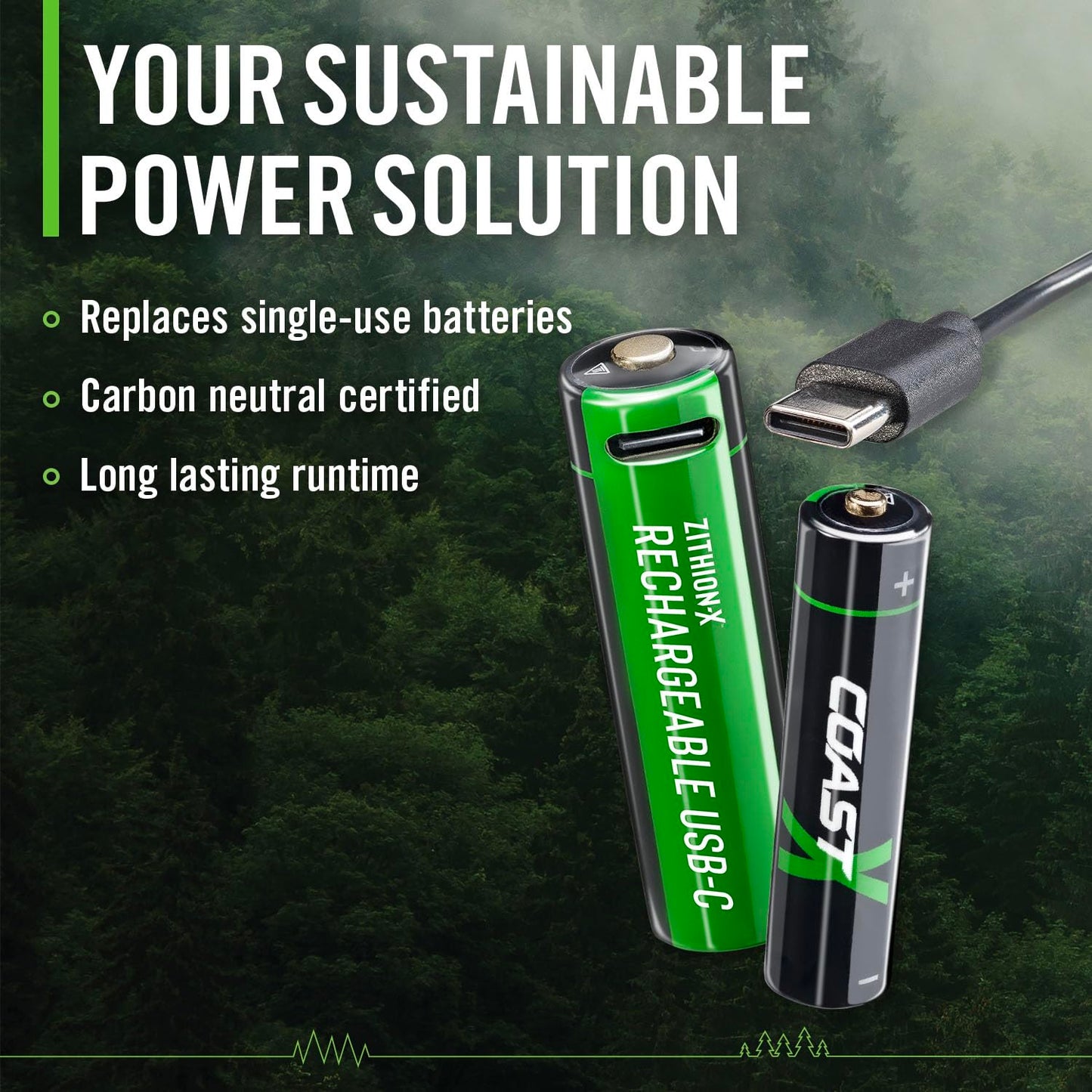 Coast AA USB-C Rechargeable Batteries, ZITHION-X, Lithium Ion 1.5v 2400 mAh, Long Lasting, Charges Under 2.5 Hours, Charging Cable Included, 4-Battery Pack