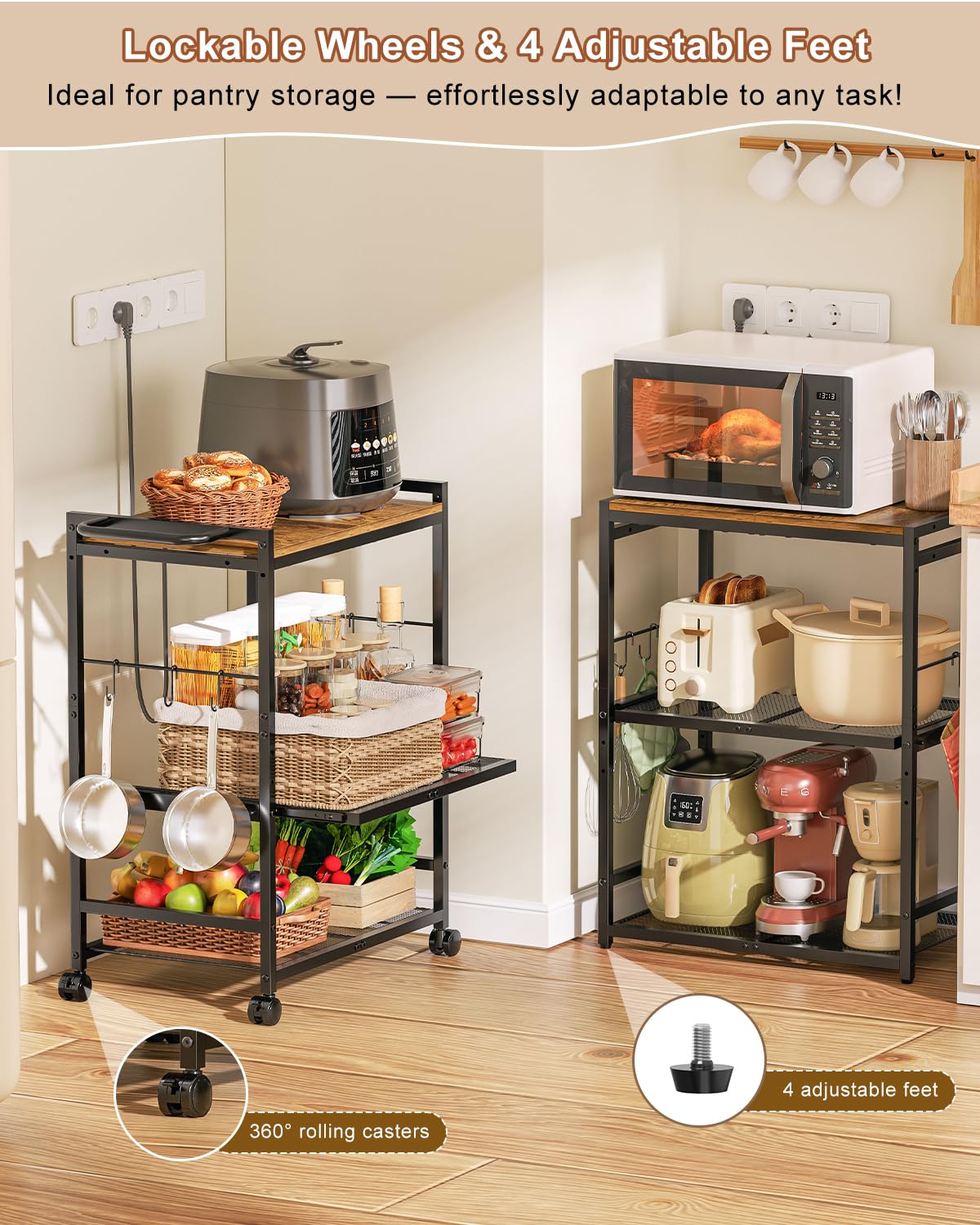 3-Tier Microwave Cart with Adjustable Shelves, Rolling Kitchen Cart with Push Handle & Smooth Slider Shelf, Small Utility Stand with Storage for Small Space Kitchen, Waterproof & Hardwood Floor Safe