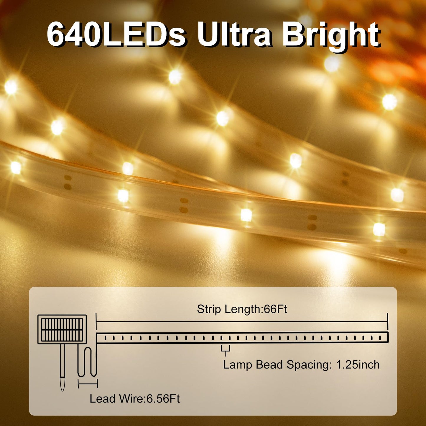 DBFAIRY Outdoor Solar Strip Lights 66Ft, 640 LED Solar Strip Lights Dimmable with Remote & Strong Adhesive, IP67 Waterproof Flexible Tape Lights for Patio Garden Pool Camping Decor (Warm White)
