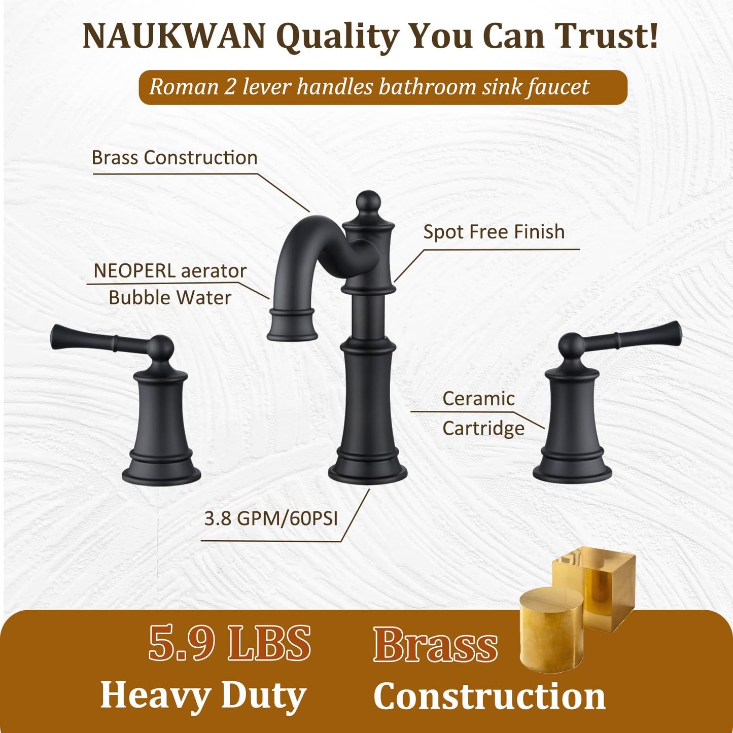 NAUKWAN Roman Bathroom Sink-Faucet 3-Holes, Matte Black Rotated Spout Vanity Basin Faucets 3 Holes 2 Handles 8 inches Widespread Deck Mount Brass Faucet for Sink with Overflow Pop Up Drain NL2204-BK