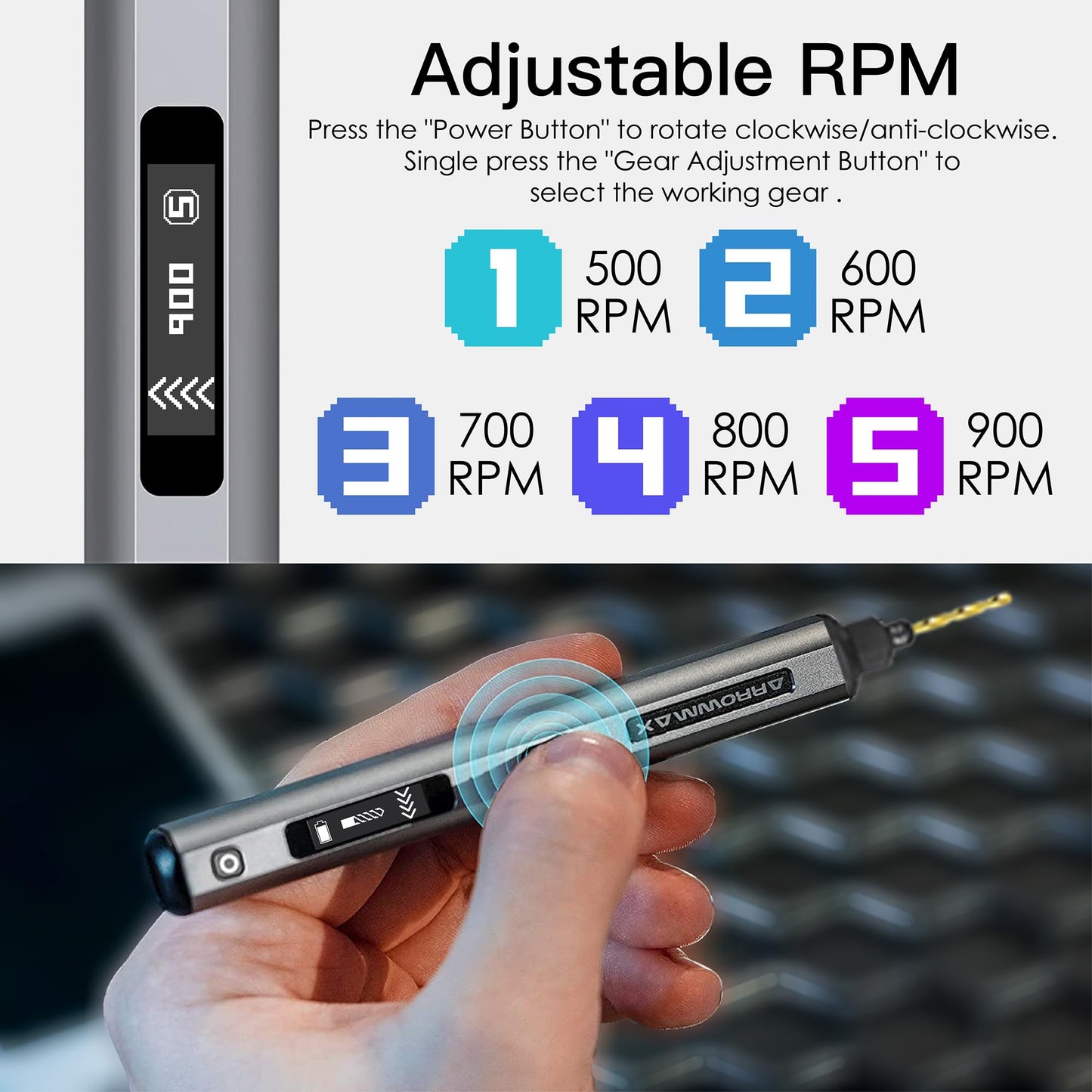 AM ARROWMAX Mini Drill Pen, 5-Speed, LED Lights, OLED Display, Resin Drill Set With 10 Small Bits, Aluminium Box, For Jewelry Making, Wood, Plastic (SDS)