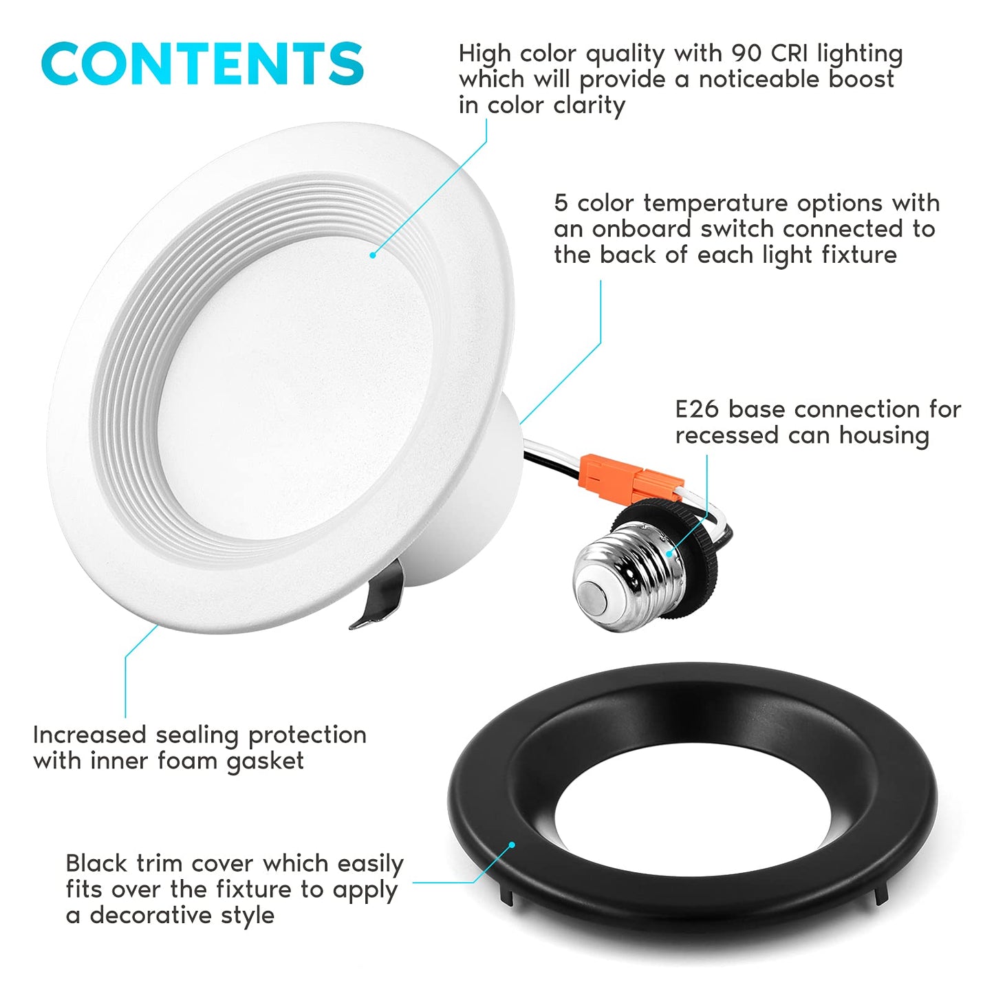 LUXRITE 4 Inch LED Recessed Can Lights, 10W=60W, CCT Color Selectable 2700K | 3000K | 3500K | 4000K | 5000K, Dimmable Retrofit Downlights, 750 Lumens, Energy Star, Wet Rated, Black Trim (4 Pack)