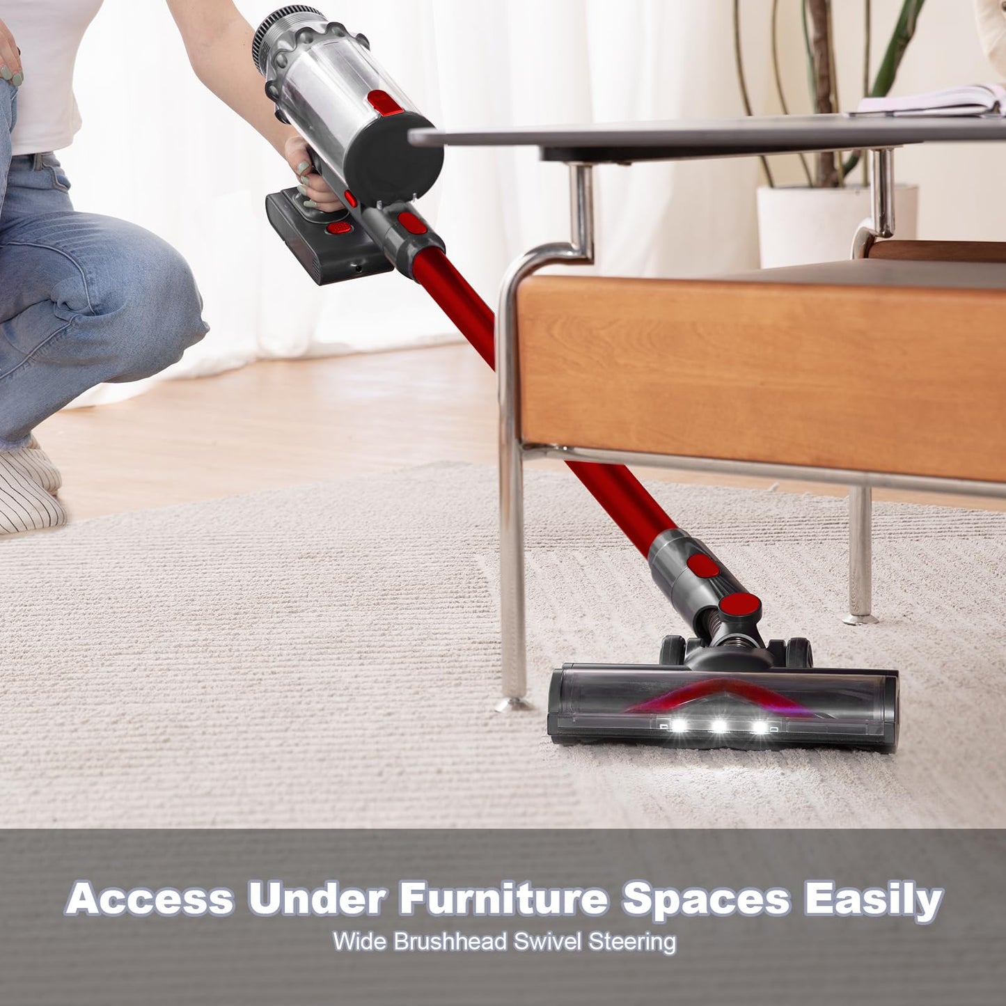 FUNCCUBE Vacuum Cleaners for Home - Cordless Stick Vacuum Cleaner, Lightweight High Power Vac for Pet Hair Carpet Hardwood Floor, Handheld Portable Wireless Rechargeable Battery Household Vac,Red
