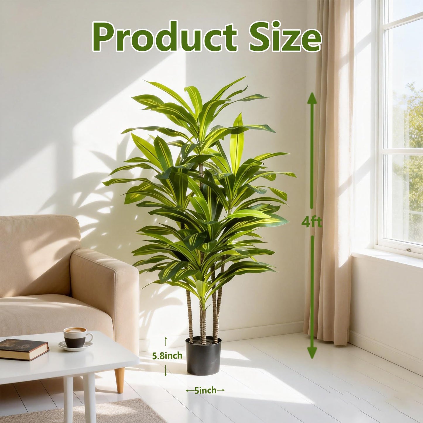 AzureLeap Dracaena Artificial Plant Indoor 4FT - Tall Faux Floor Plant in Pot - Large Tropical Fake Tree with Lifelike Leaves - Artificial Dracaena Tree for Home Office Living Room Decor