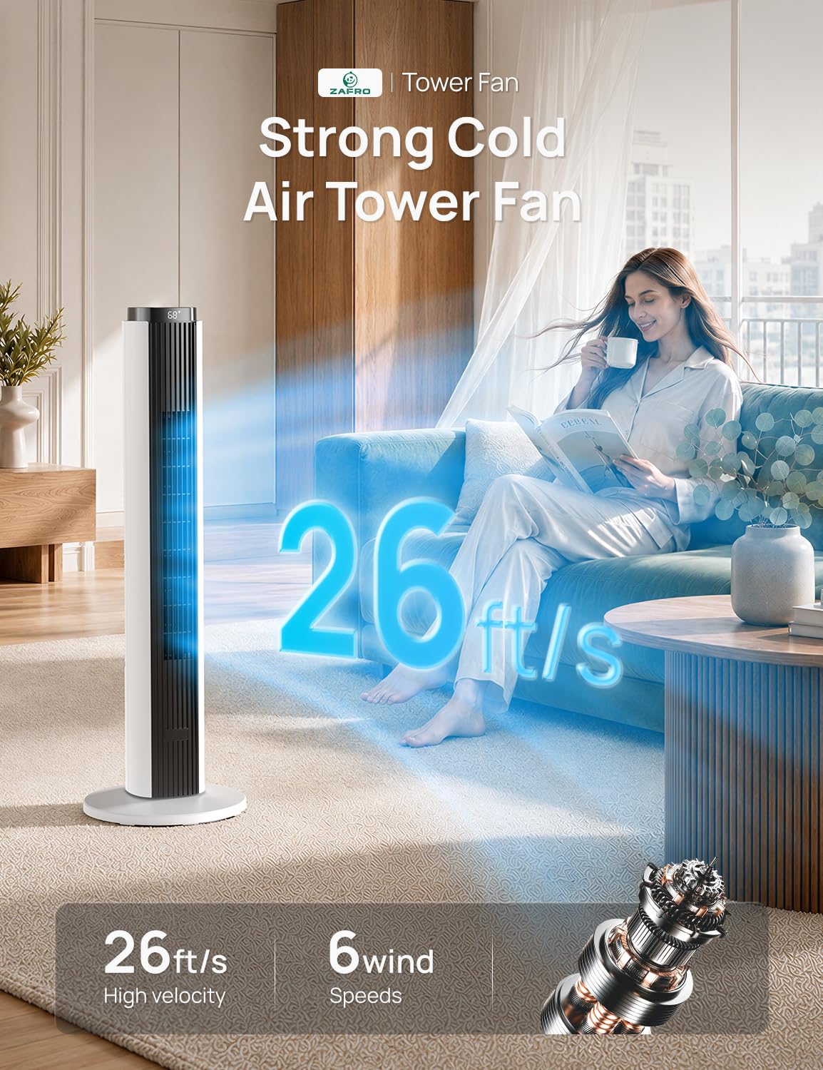 ZAFRO Tower Fan for Bedroom, 37'' Cooling Fans with 4 Modes 6 Speeds, 26 ft/s Velocity, 28dB Quiet for Sleep, LED Touchpad & 12H Timer, 90° Oscillating Floor Fans that Blow Cold Air, Black+White