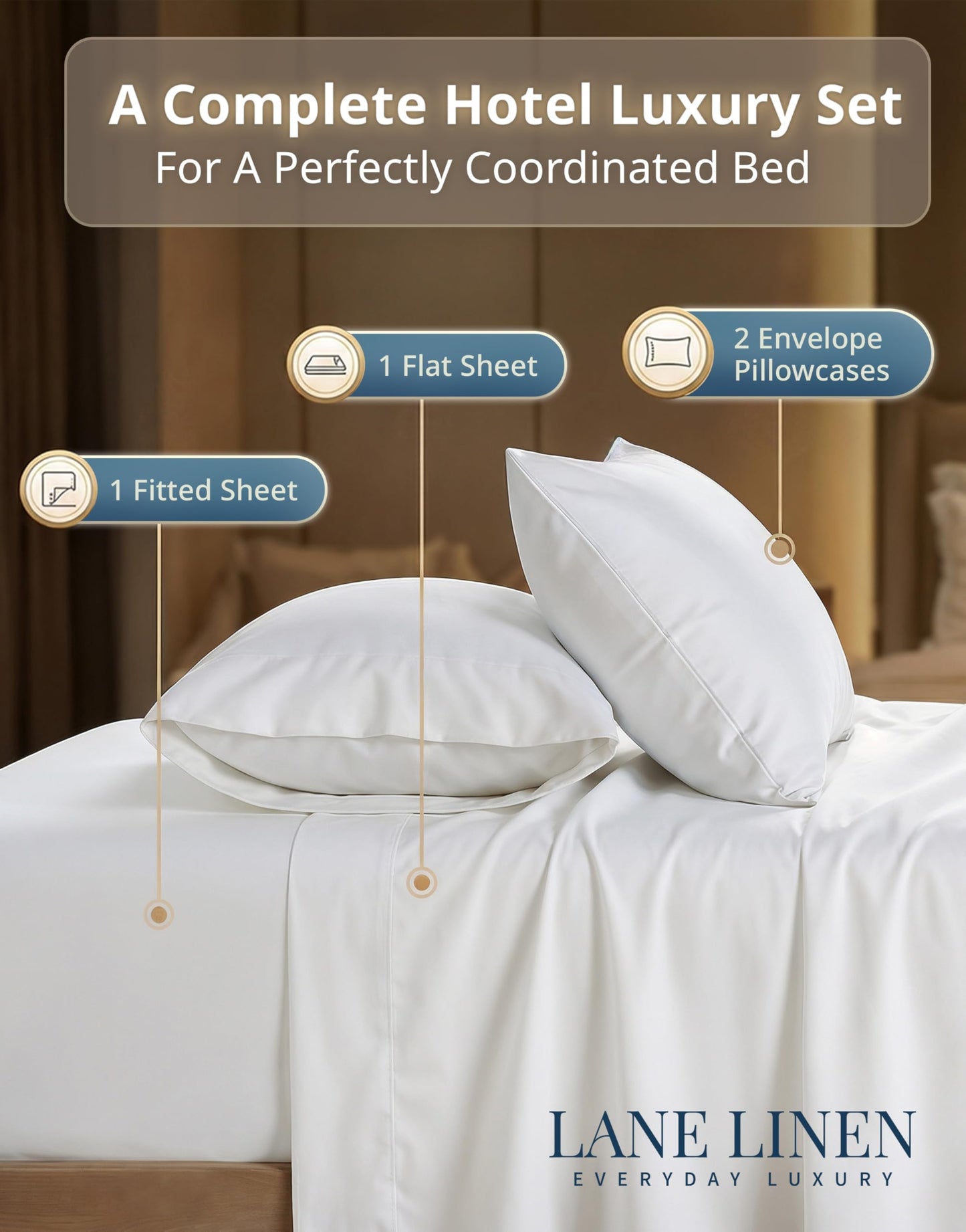 LANE LINEN King Size Sheets Set - 100% Cotton Sateen 600 Thread Count, Deep Pocket 4 Piece, Soft Breathable Hotel Luxury Oeko-Tex Certified Machine Washable All Season Durable Smooth Easy-Fit - White