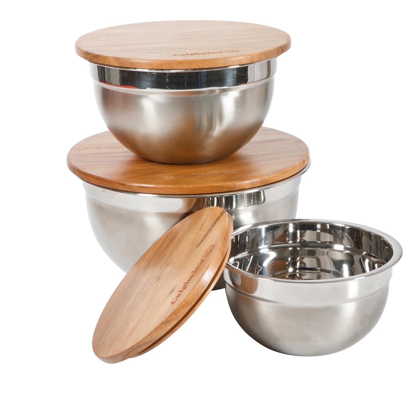 Calphalon Orbit Mixing Bowl Set, 3-Piece Stainless Steel Mixing Bowls(1.5 Qt, 3 Qt, 5 Qt) with Acacia Wood Lids & Non-Slip Base, Kitchen Prep Bowls for Mixing, Serving & Food Storage