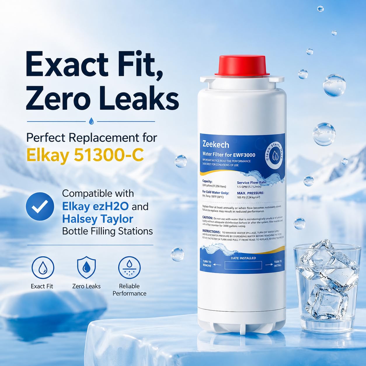 Water Replacement Filter Compatible with Elkay 51300C EWF3000, and EZH2O Bottle Filling Stations, Pre-Installed Smart Chip for EWF3000, ERF750, 51299C, 55898C, 3000 Gallon Capacity, 1 Pack