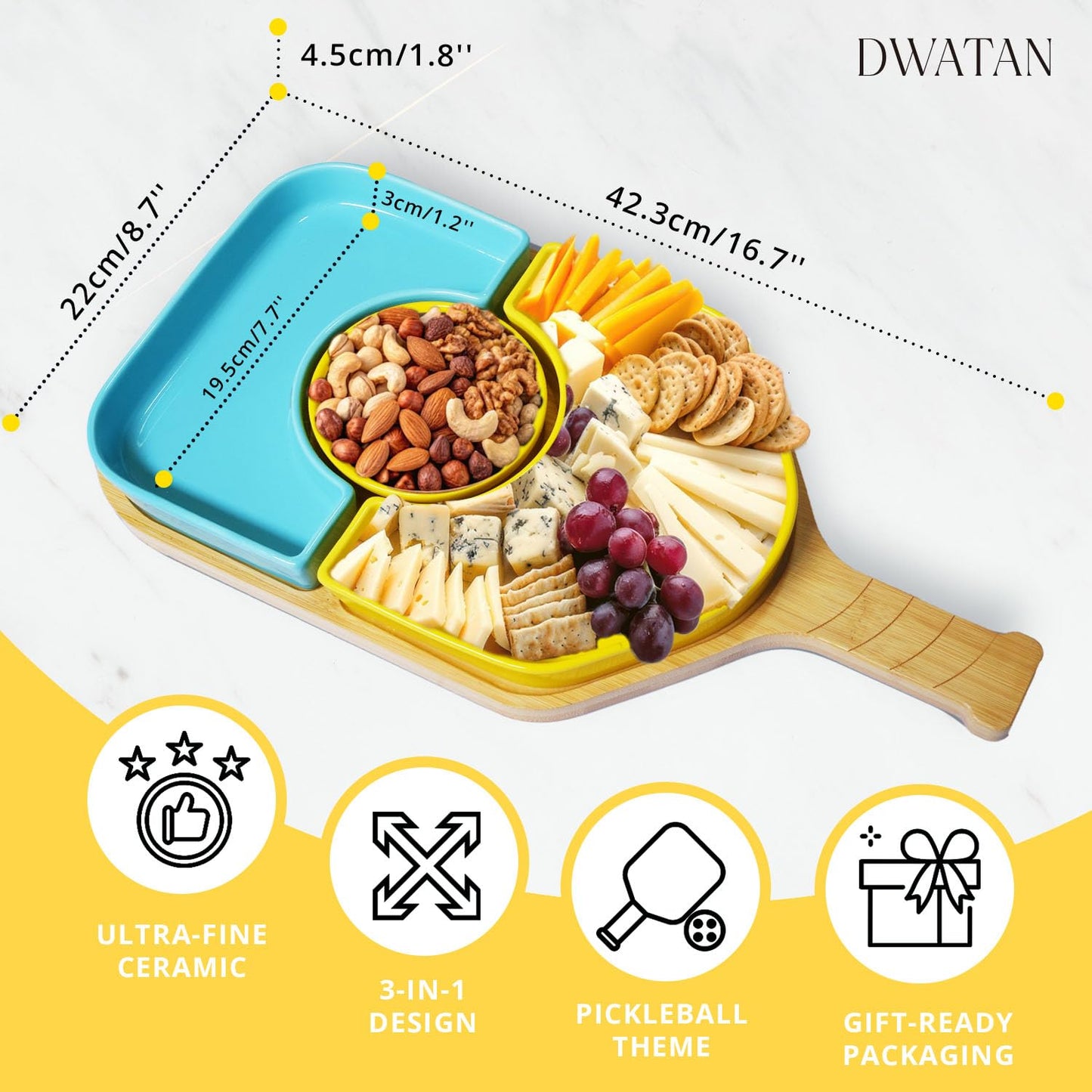 DWATAN Pickleball Paddle Snack Tray Set, Ceramic Serving Plates with Bamboo Charcuterie Board, Paddle Appetizer Platter for Parties, Unique Pickleball Gifts for Father's Day