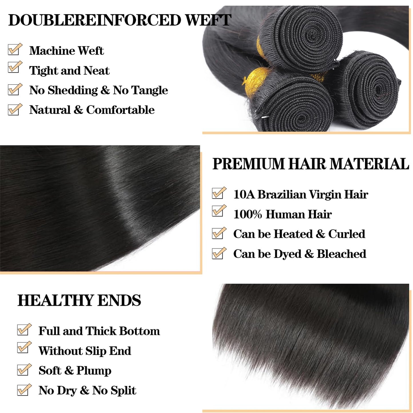 12A Straight Bundles Human Hair 16" 18" 20" 300g 100% Unprocessed Brazilian Virgin Hair Straight Human Hair Weave Bundles Human Hair 3 Bundles Natural Color