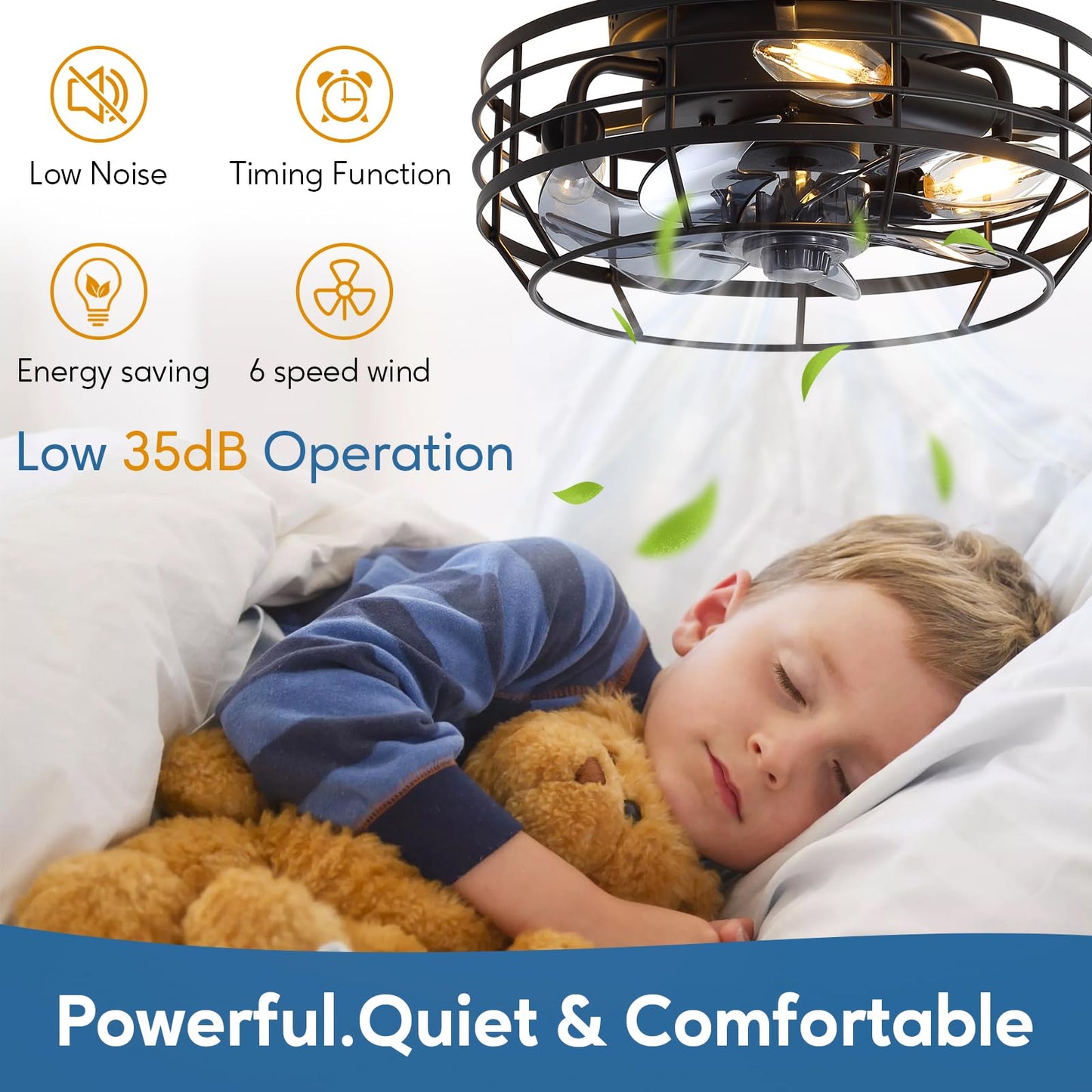 Youroke Farmhouse Caged Ceiling Fan with Light, Bladeless Flush Mount Fan Lights Ceiling Fixtures with Remote, 12 in 6 Speeds Indooor Lights for Kitchen, Living Room, Bedroom, Black