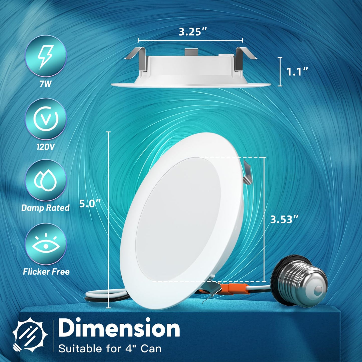 FREELICHT 6 Pack 4 Inch Retrofit LED Recessed Lighting, Selectable 2700K/3000K/4000K/5000K/6000K, Dimmable Flat LED Can Lights, 7W=60W, 700LM, IC & Damp Rated, ETL & FCC, White