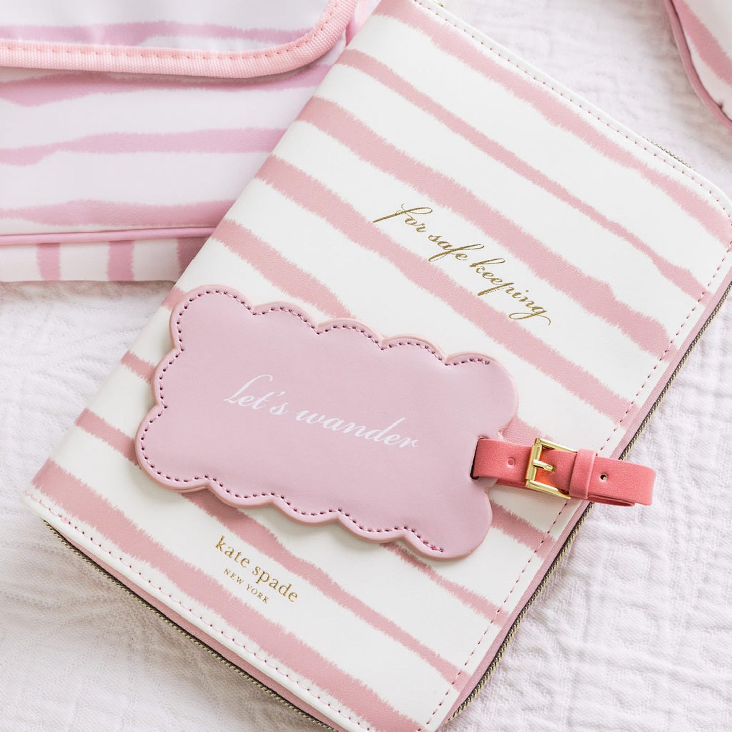 kate spade new york Travel Jewelry Folio, 8.5" x 6" Organizer with 8 Zippered Pockets, Necklace Tabs & Tracker Pocket, Leatherette Case with “For Safe Keeping” Quote (Goddess Stripe)