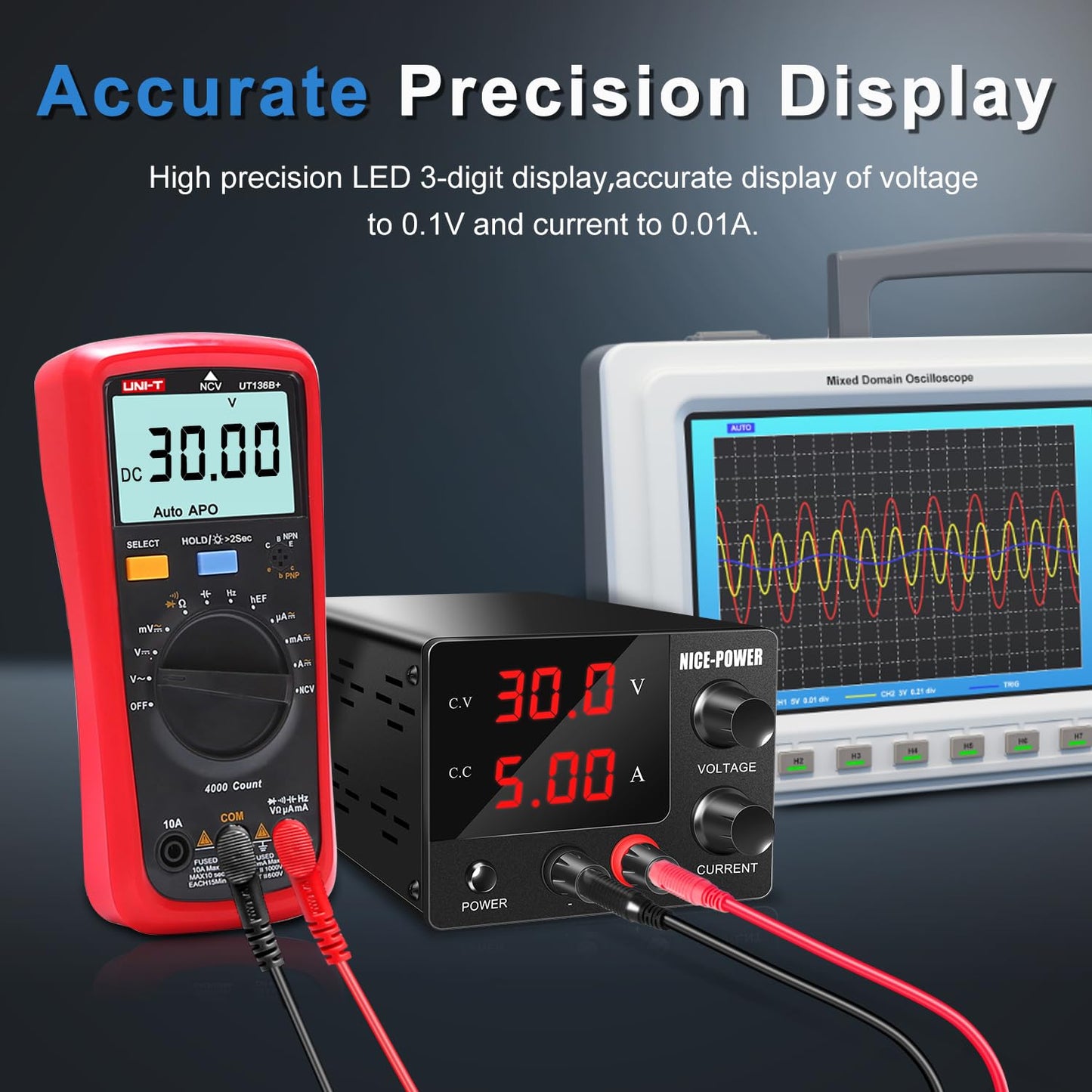 NICE-POWER DC Power Supply Variable, 30V 5A Adjustable Switching Regulated Power Supply with Encoder, Upgraded 3-Digits LED Display, Electroplating DIY LED Test Mini Regulated DC Bench Power Supply