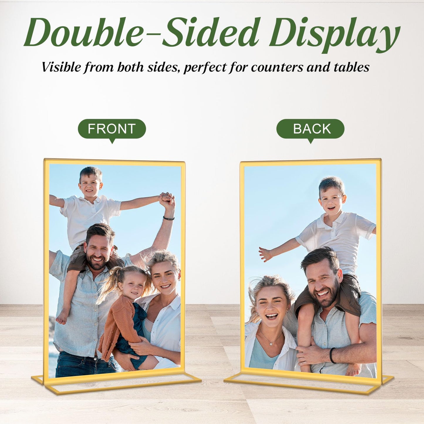 Alffun 20 Pack Gold Acrylic Sign Holders 4x6 Inch, Double Sided Vertical Stand Clear Picture Frames, Table Menu Display Holders for Wedding Table Numbers, Restaurant Signs, Party and Office Photos