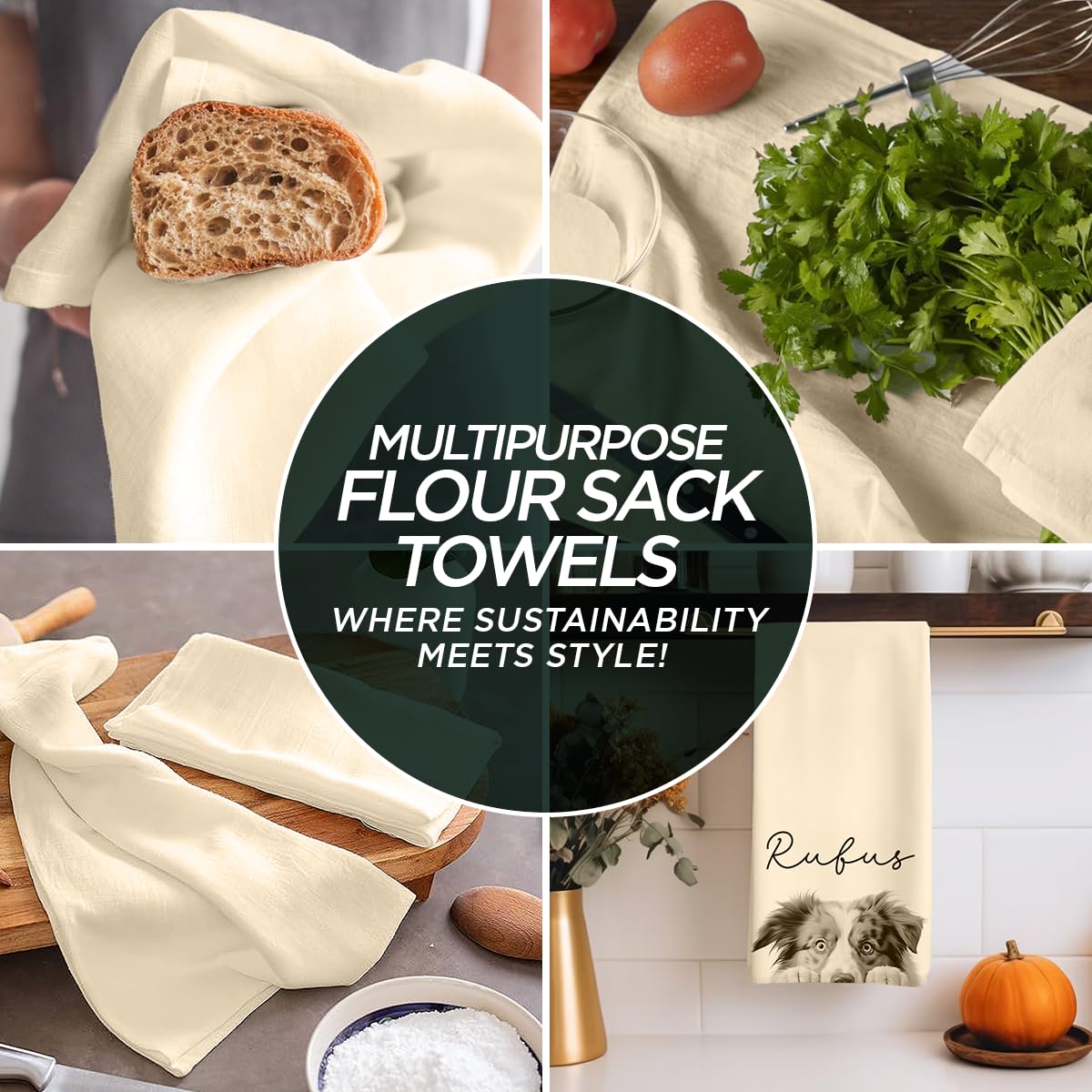 Flour Sack Kitchen Towels |Organic Cotton Blank Towel| Tea Towel Crafting Embroidery|Flat Thick Absorbent Quick Dry | Baking Bread Proofing Breathable Linen Cloth Cover Set of 10, 28 x 28 Inch, Ivory
