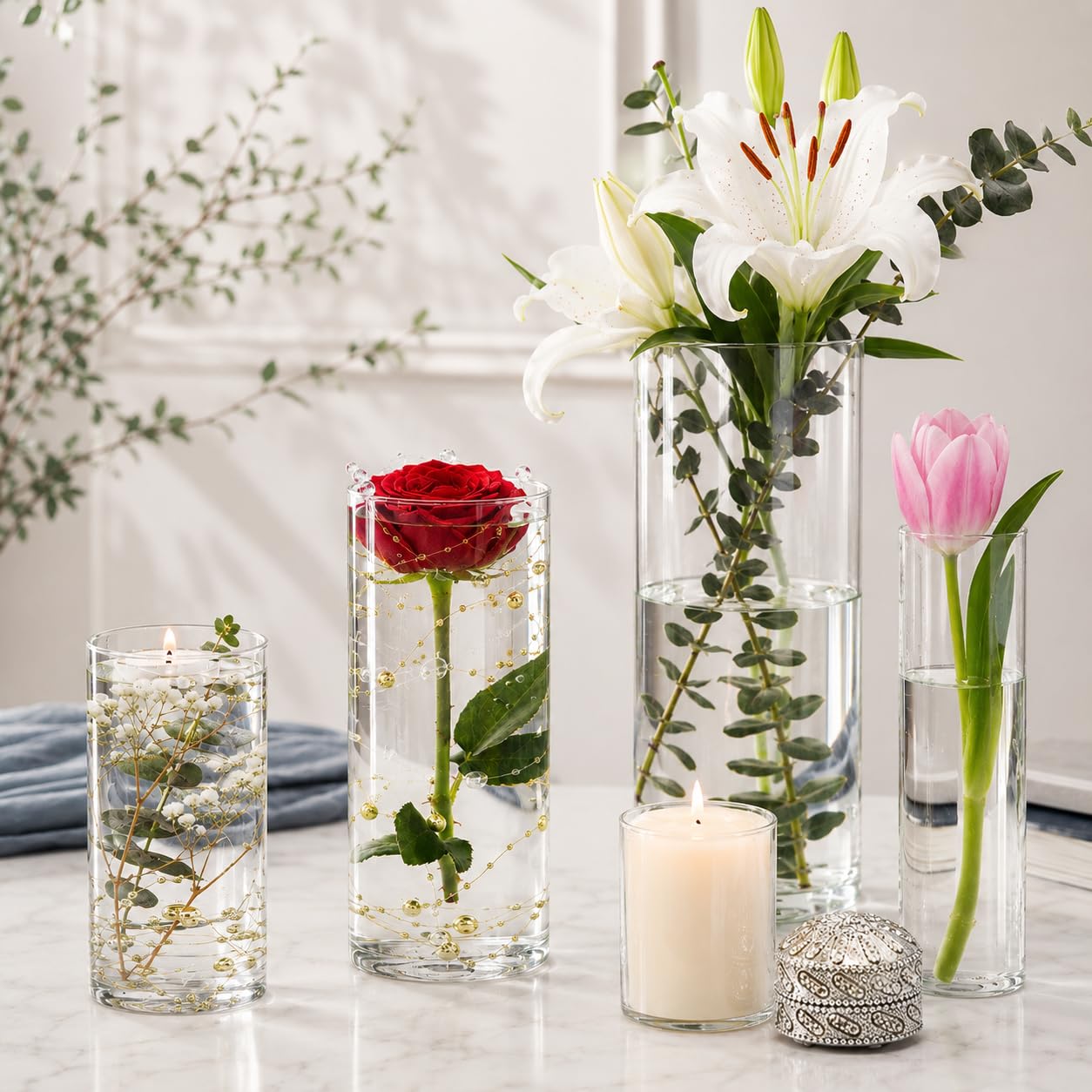 KRNDUMA 15pcs Glass Vase Cylinder Vases for Centerpieces Small Flower Glass Vases Home Decor Centerpiece Table Clear Flower Vase Decorations for Wedding＆Holiday 4,6,7.5,8,10 Inch Tall
