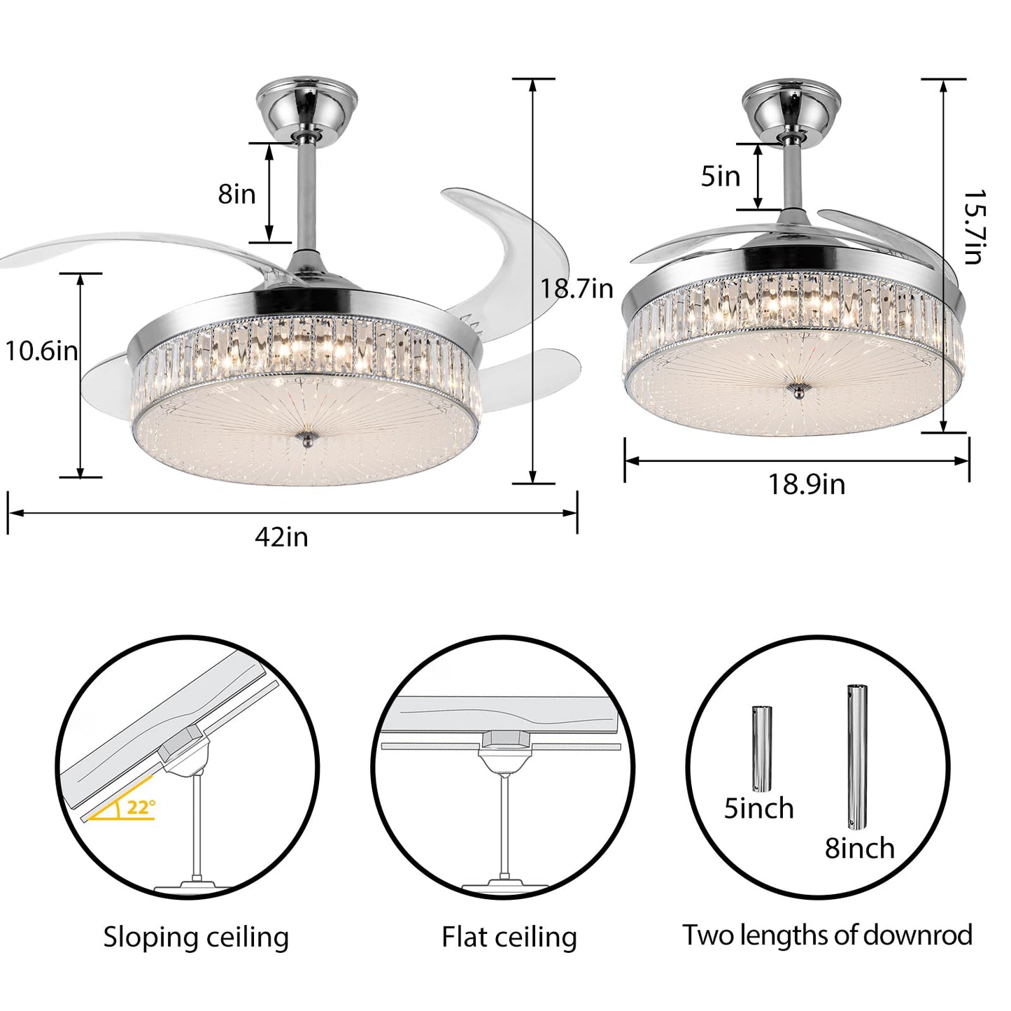 42" Invisible Ceiling Fan Chandelier Light,Modern Crystal Ceiling Fan Light Remote Control 4 Retractable ABS Blades for Bedroom Living Room Dining Room Decoration (Style D)