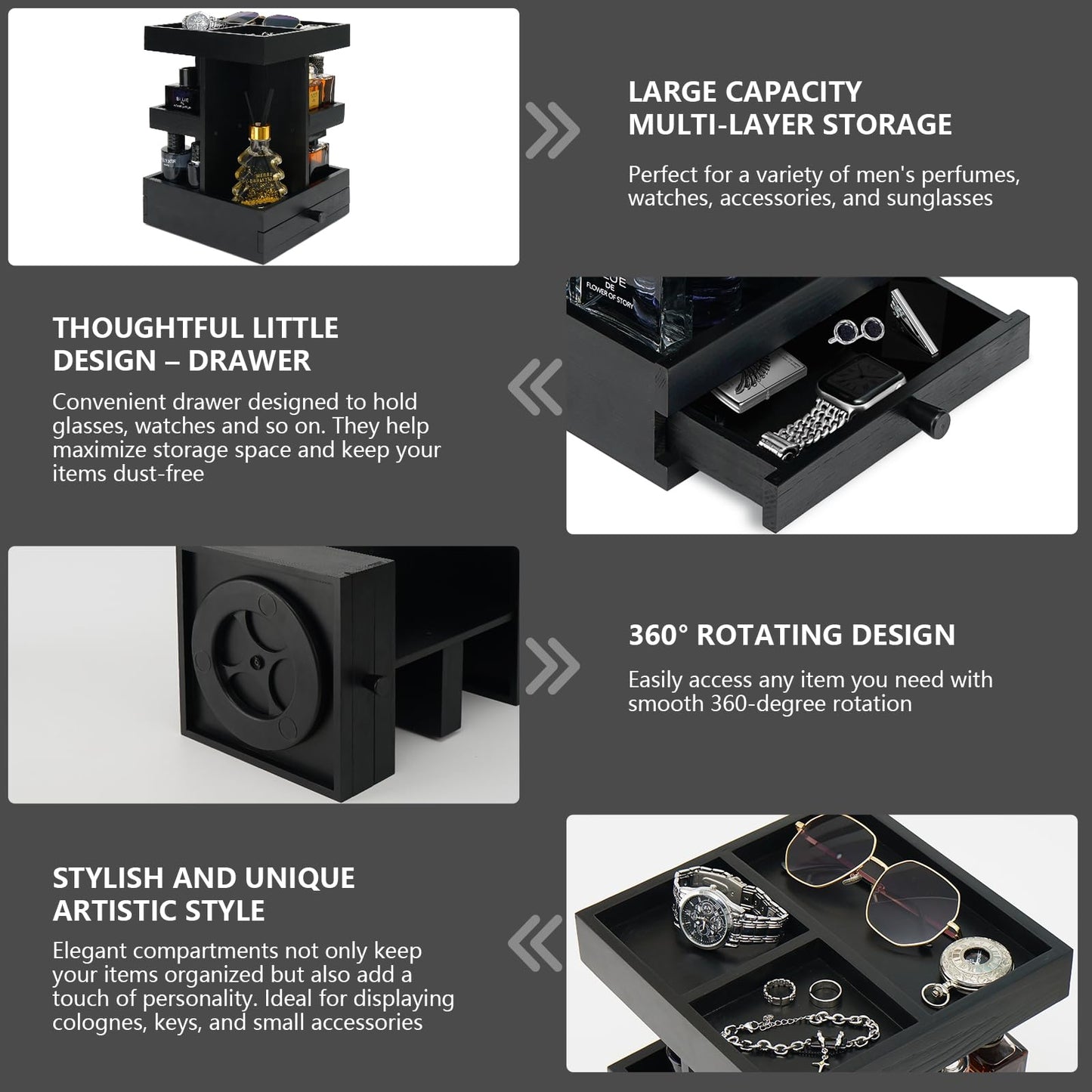 VYNOPA Rotating Cologne Organizer for Men – Black Wooden Perfume Stand with Dual Drawers, Multi-Tier Fragrance Display & Jewelry Storage for Dresser or Bathroom