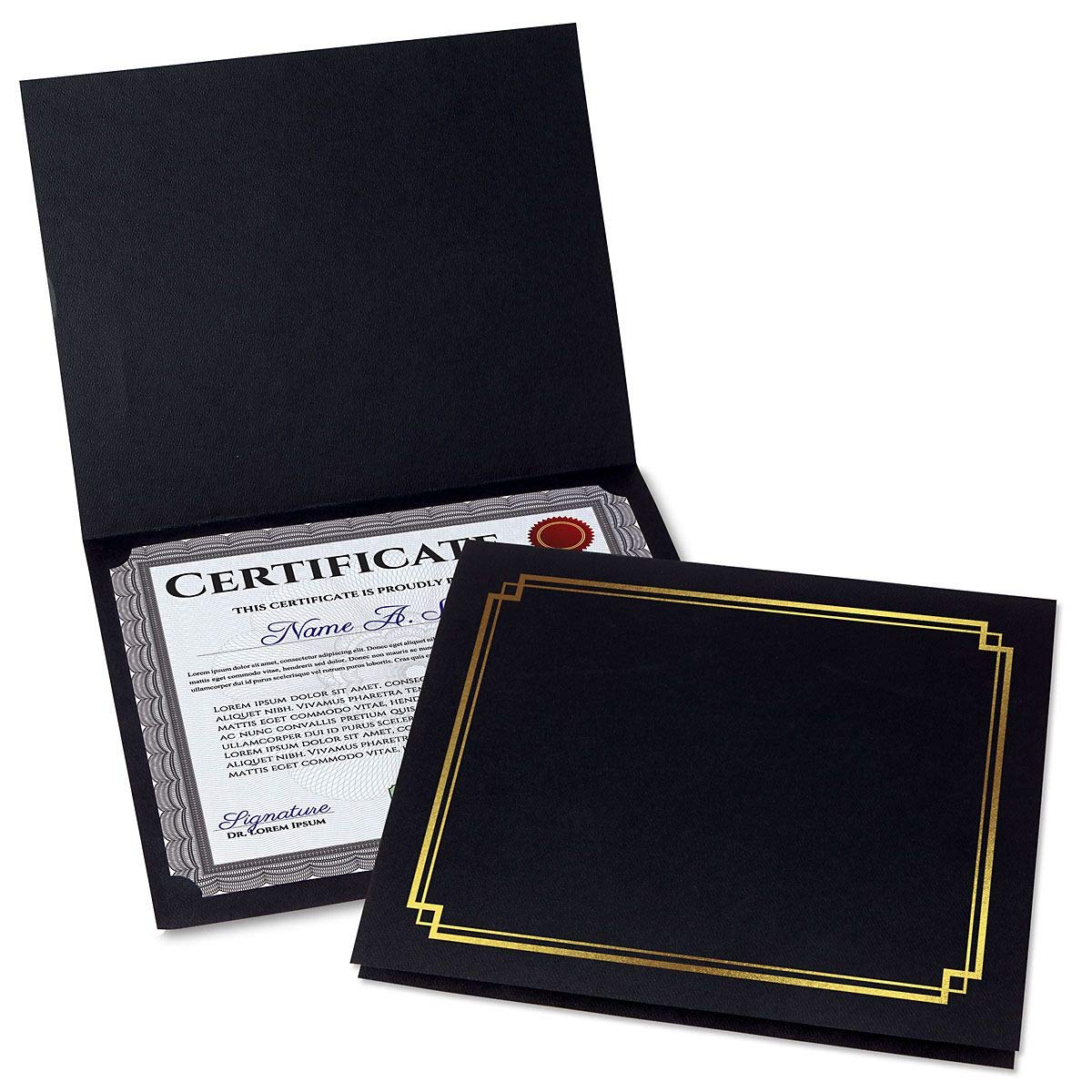 Classic Black & Gold Certificate Folders - Pack of 50, Linen Cover 80 lb. Stock, Folded, Die-Cut Corners, for Office, Business Awards, Graduation, School Diploma Holder, 9-1/2" x 12"