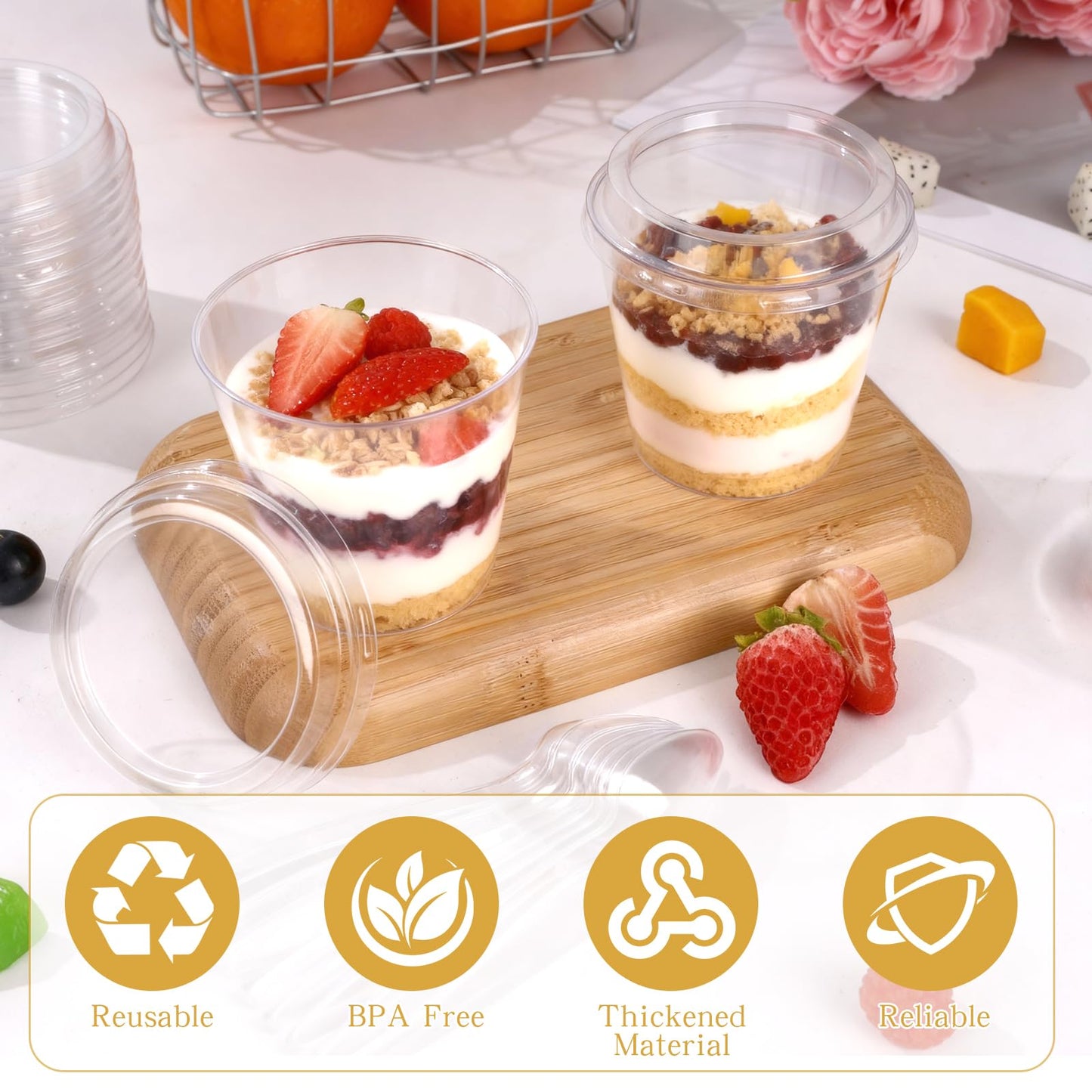 mwellewm 400 Pcs Dessert Cups with Lids and Spoons, 5 OZ Parfait Cups 3 OZ Plastic Desert Cups Clear Mini Shooter Cups for Party Reusable Small Appetizer Serving Fruit Cup Ice Cream Cake Pudding