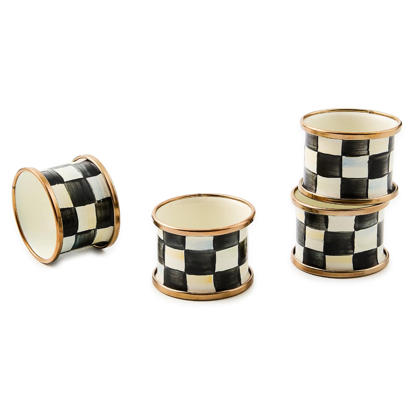 MACKENZIE-CHILDS Courtly Check Enamel Napkin-Ring Set, Black-and-White Napkin-Holder Ring for Cloth Napkins, Set of 4