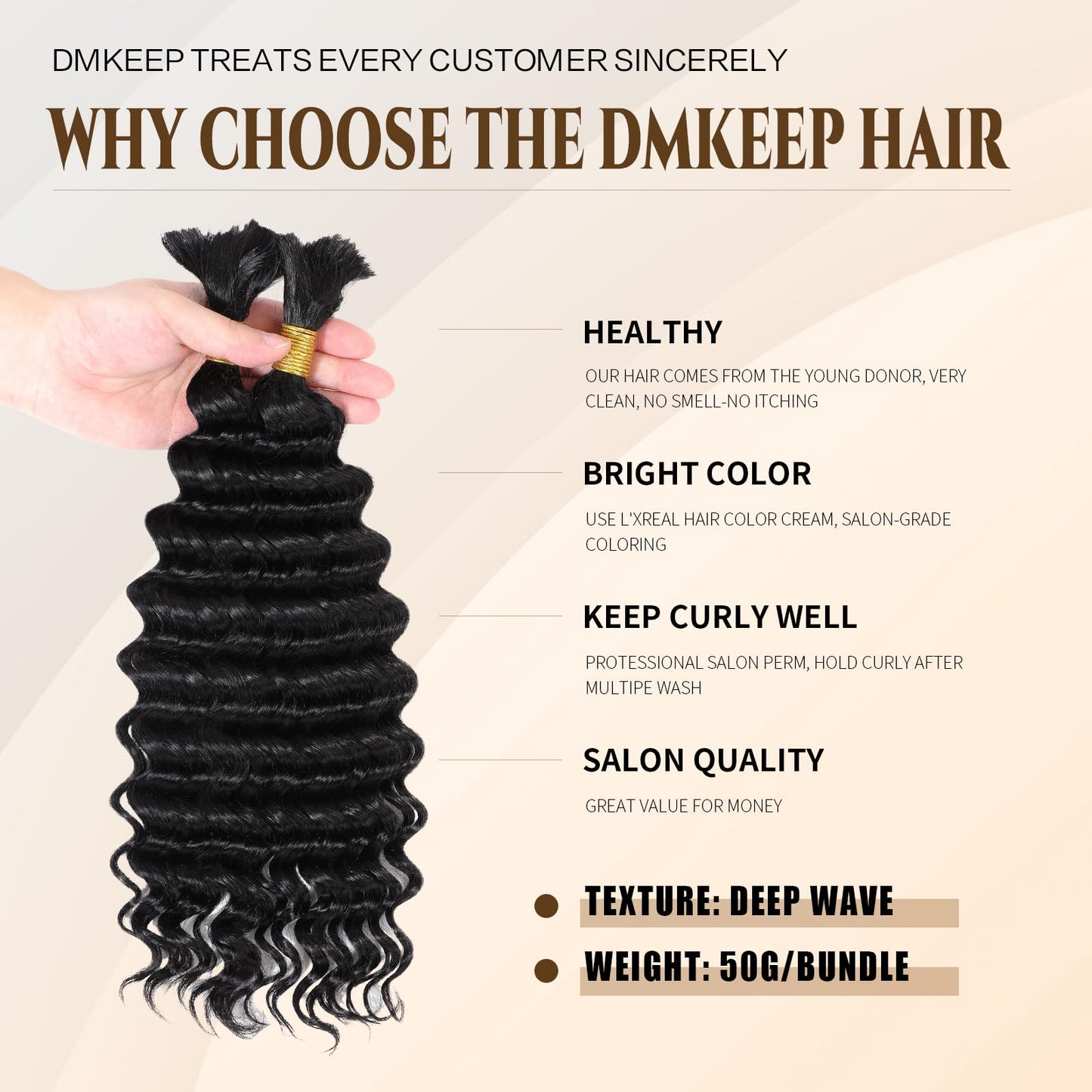 DMKEEP Deep Wave Human Braiding Hair 20 Inch Top Grade Human Hair Braiding Hair 2 Bundles 100g No Weft Bulk Human Hair for Braiding Hair Extensions Natural Color