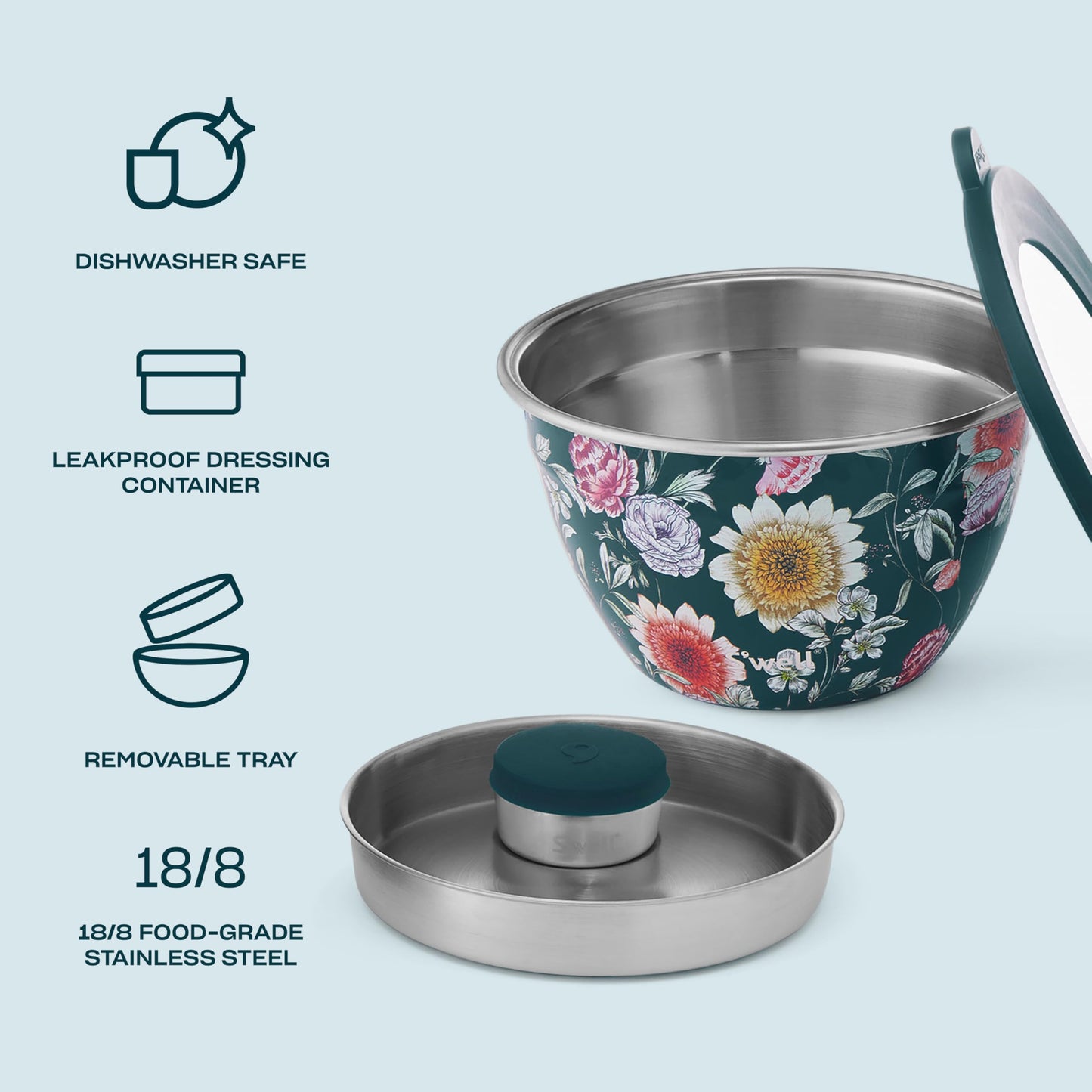 S'well Stainless Steel Salad Bowl Kit 64oz, Midnight Botanical, Comes with 2oz Mini Canister and Removable Tray for Organization, Leakproof, Easy to Clean, Dishwasher Safe